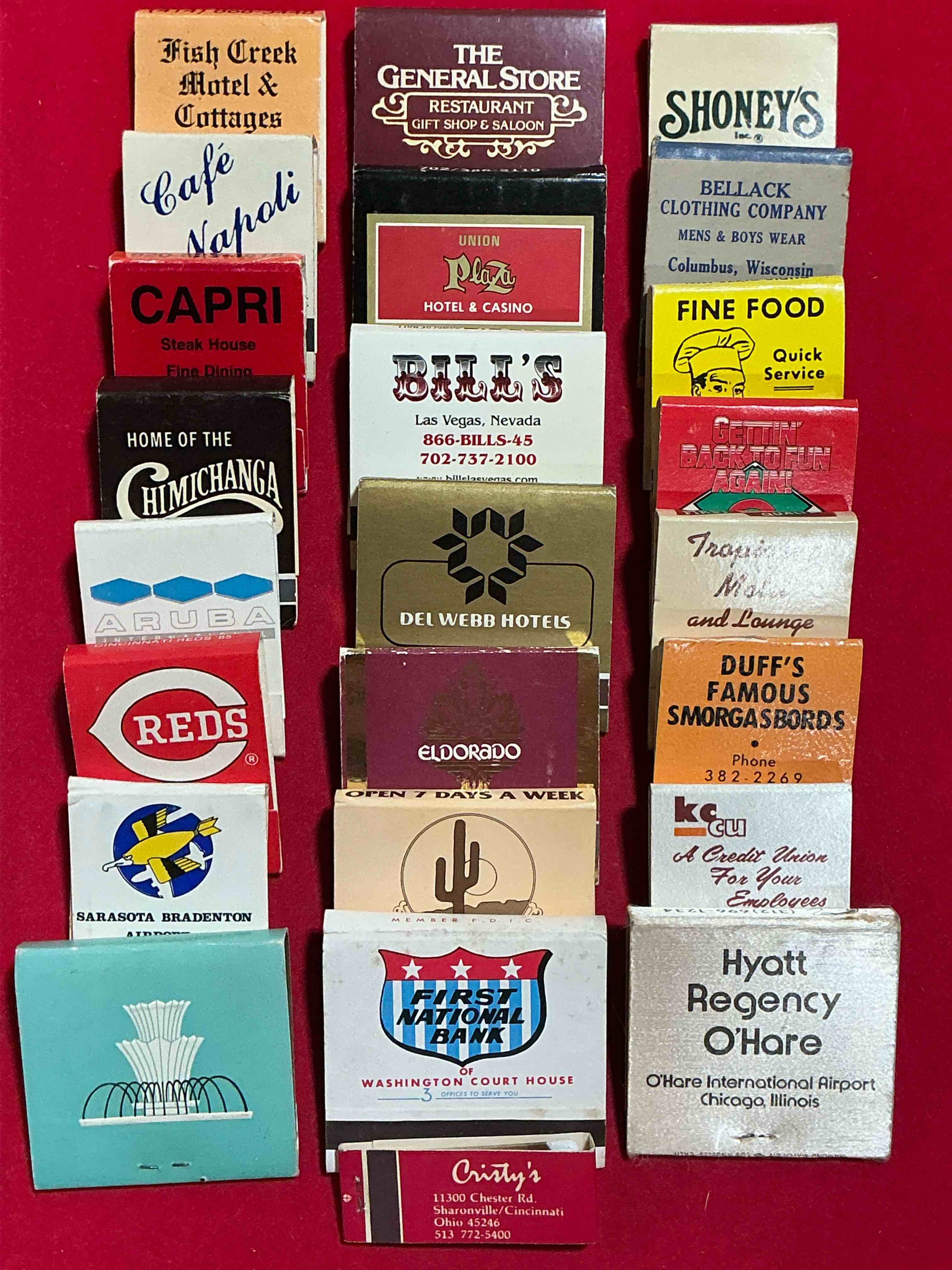 vintage matchbooks!  a crazy hard to collect collection of matchbooks from all over, many from places that no longer exist!  collection spans decades & decades!  most books are complete with all matches!  one of a kind collection!  all original & impossible to find anywhere else!
