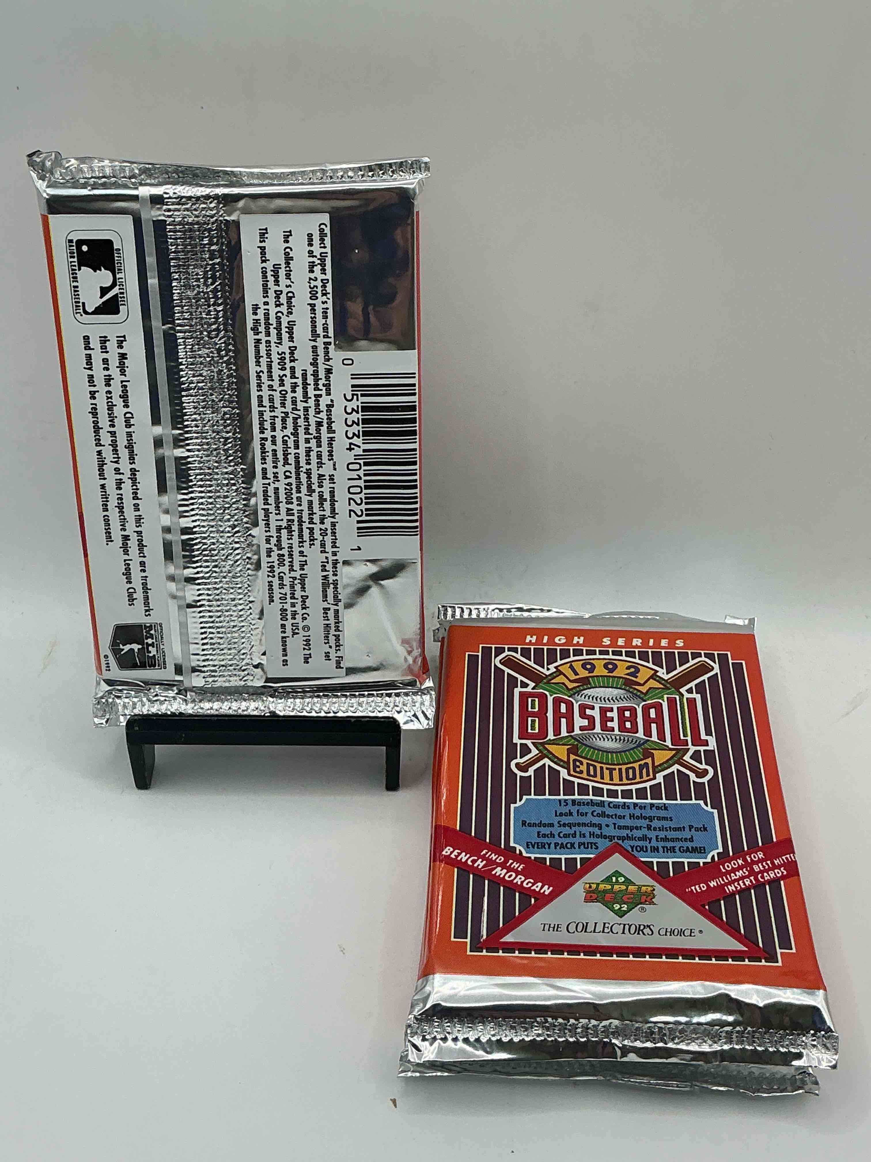 Condition photo showing New/Like New for 1992 upper deck high series baseball sealed sports & collectible card pack, direct from original sealed retail case! search for ultra rare & valuable ted williams & johnny bench signed insert cards as well as deion sanders, ken griffey jr., nolan ryan & so much more!