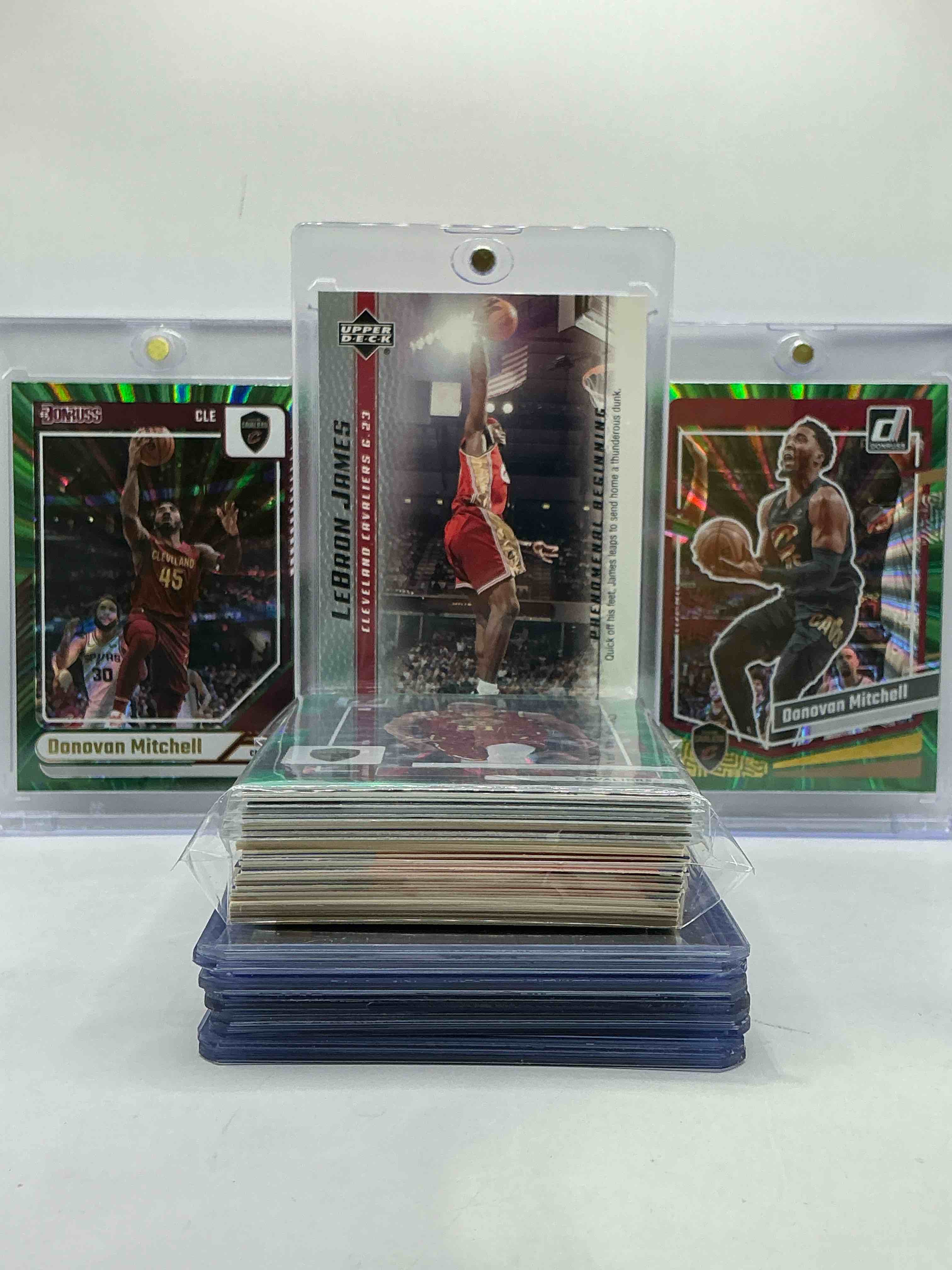 First Year LeBron James Upper Deck Card & Matching Donruss Holo Green Laser Donovan Mitchell Cards! WOW! Insane Trio! Cavalier Crazy! 50 Card Lot Includes Vintage & New Commons, Legends & More!  
