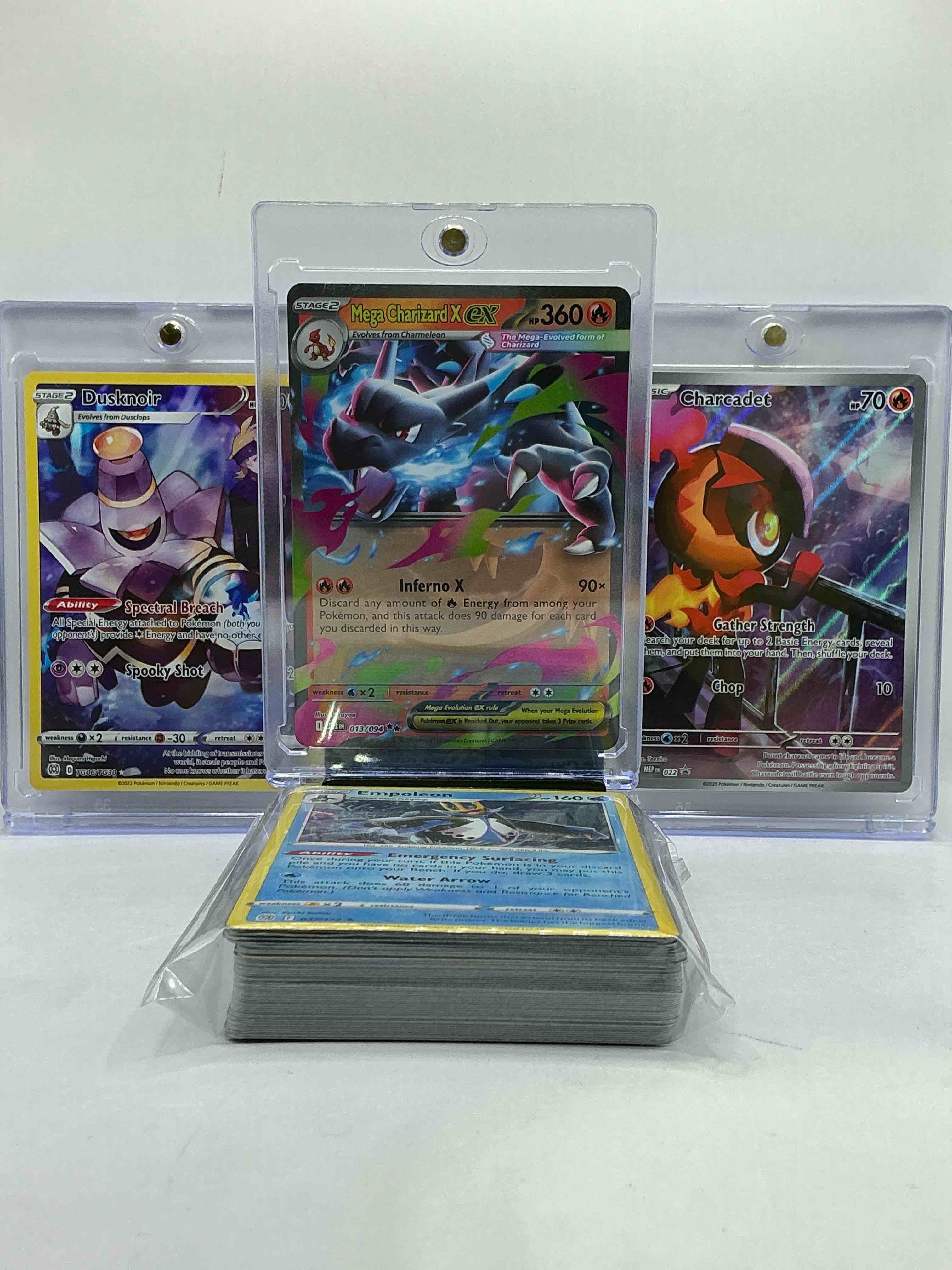 Mega Charizard EX, Dusknoir Full Art & Charcadet Full Art & More! Insane Trio! Along With 50 Other Pokémon Heroes, Holos, Legends & Commons- Including 1 Stage Two Rare Holographic, 2 Stage One Rare Holographic, 3 Basic Rare Holographic, 4 Common/ Uncommon Holographics (All Stages), 2 Stage Two Non Holographic & 2 Rares! Also Includes 36 Non Holo Common/ Uncommon Basic & First Stage Cards Trainers & Energy Too! Perfect Set For Collectors & Enthusiasts!