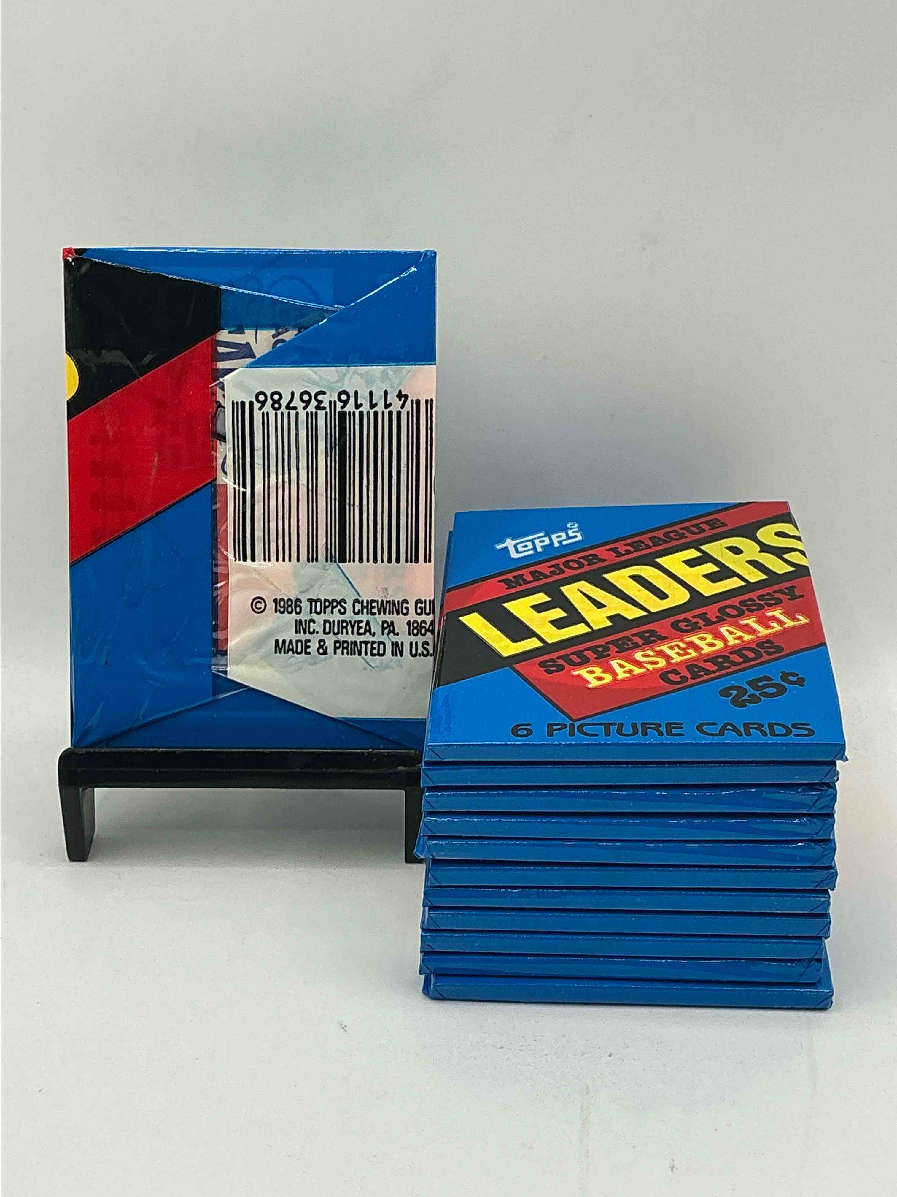 Condition photo showing New/Like New for ultra rare! 1986 "mlb leaders" unopened miniature baseball collectible card packs, 6 cards per pack, direct from original retail case. super rare, impossible to find! like new condition!