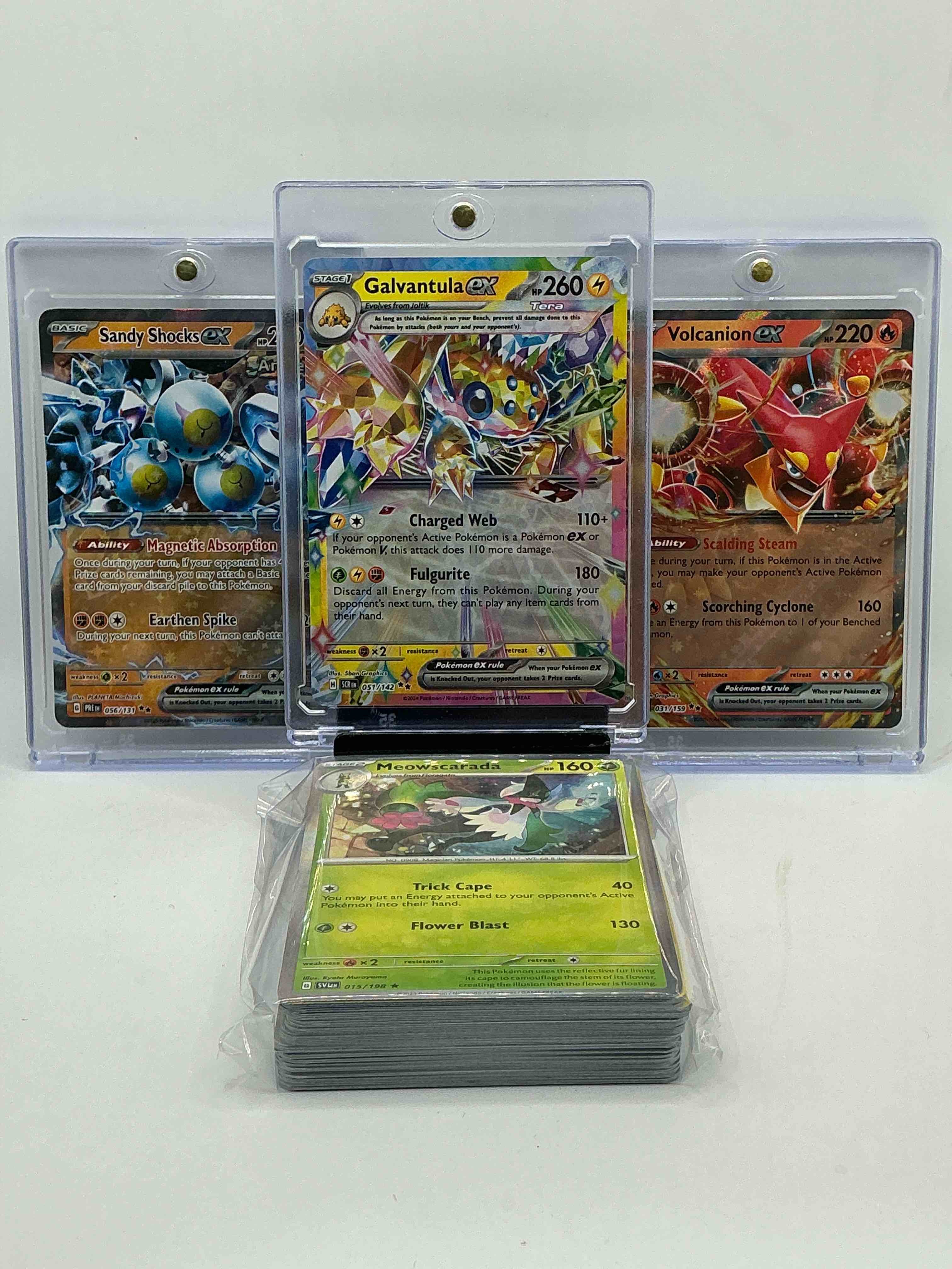 Pokémon Party! Galvantula EX! Sandy Shocks EX! Volcanion EX! Along With 50 Other Pokémon Heroes, Holos, Legends & Commons- Including 1 Stage Two Rare Holographic, 2 Stage One Rare Holographic, 3 Basic Rare Holographic, 4 Common/ Uncommon Holographics (All Stages), 2 Stage Two Non Holographic & 2 Rares! Also Includes 36 Non Holo Common/ Uncommon Basic & First Stage Cards Trainers & Energy Too! Perfect Set For Collectors & Enthusiasts!