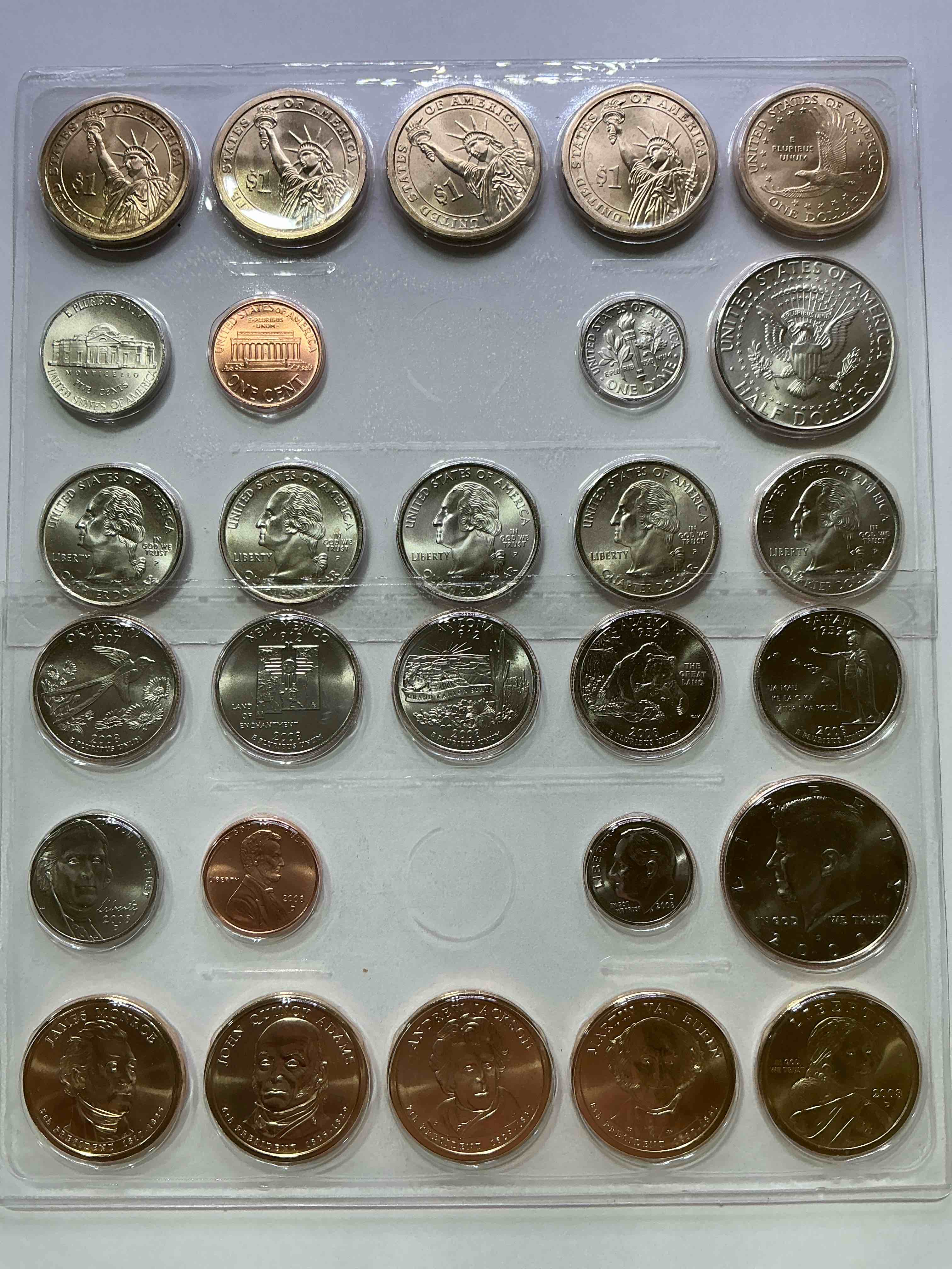 Condition photo showing New/Like New for 28 coin craziness! denver & philly mints! 2008 uncirculated mint set coins! includes half dollars, president dollar coins, dimes, nickels, pennies & quarters! cool coin collectible! 
