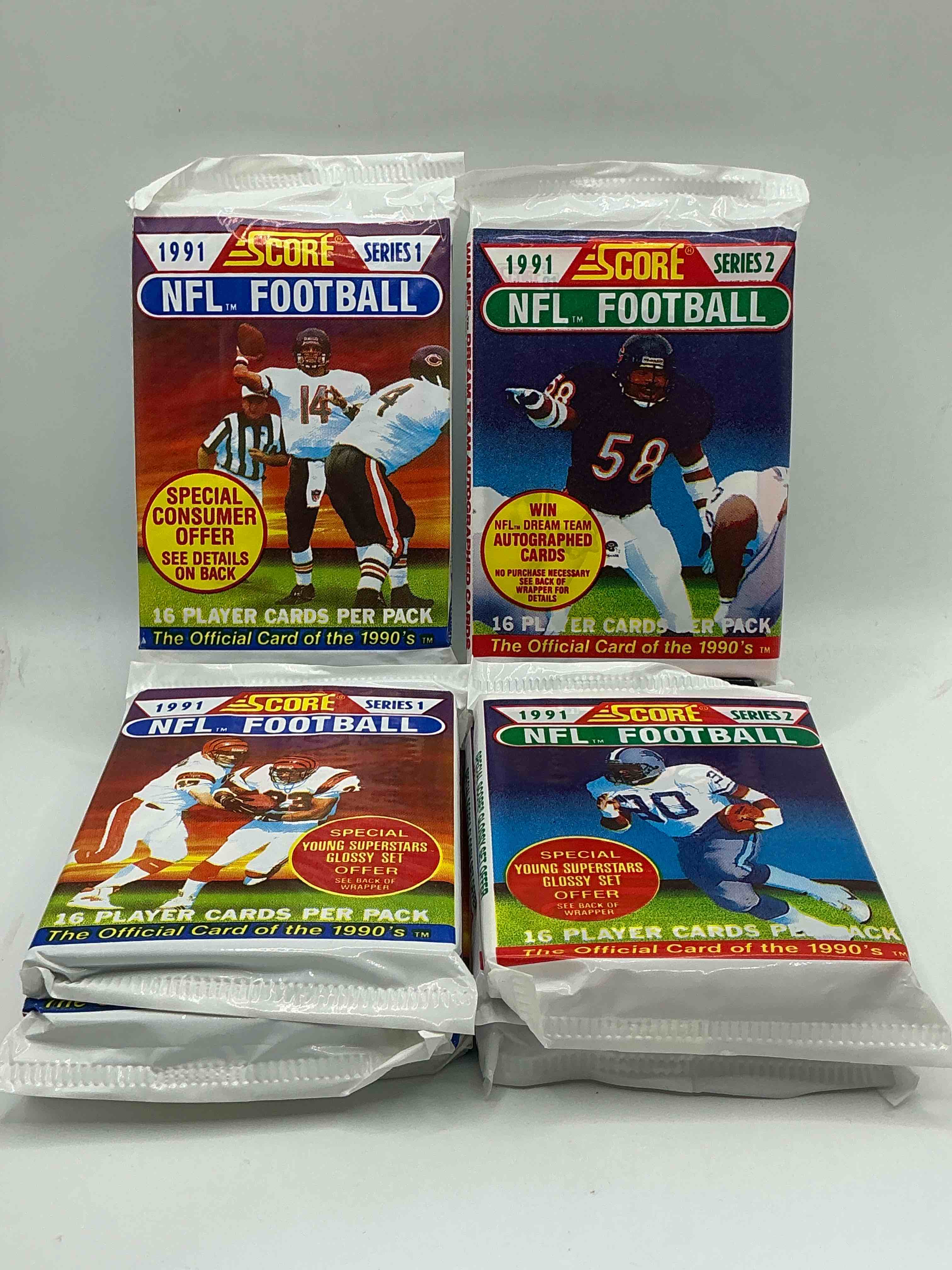 1991 NFL Score Football Sealed Card Packs Series I & II Direct From Original Retail Case! These Cards Are Sought After By Collectors For Their Awesome, Nostalgic Look. Search For Brett Favre Rookie, Early Jerry Rice, Early Emmit Smith, Joe Montana & So Much More!