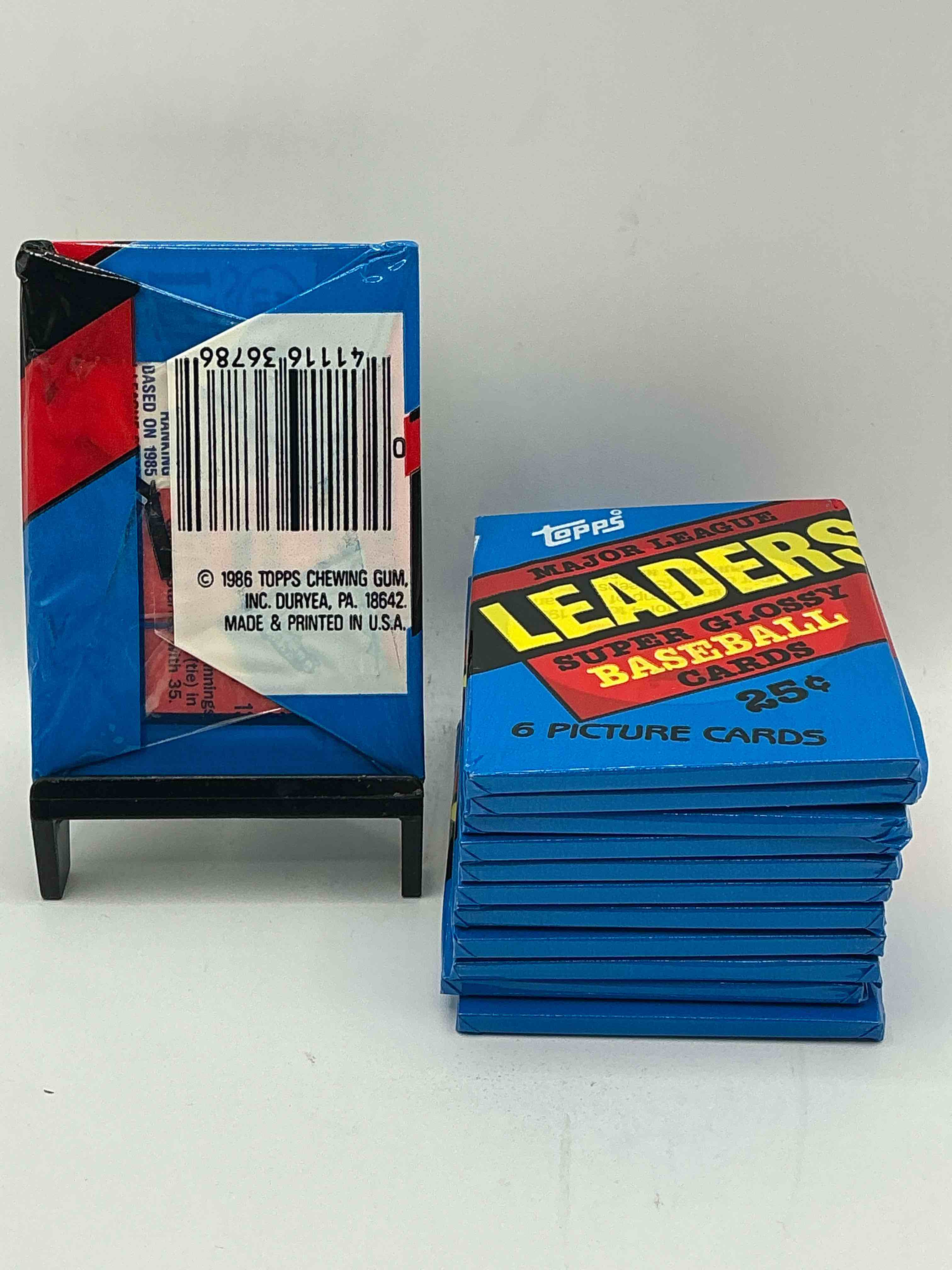 Condition photo showing New/Like New for ultra rare! 1986 "mlb leaders" unopened miniature baseball collectible card packs, 6 cards per pack, direct from original retail case. super rare, impossible to find! like new condition!