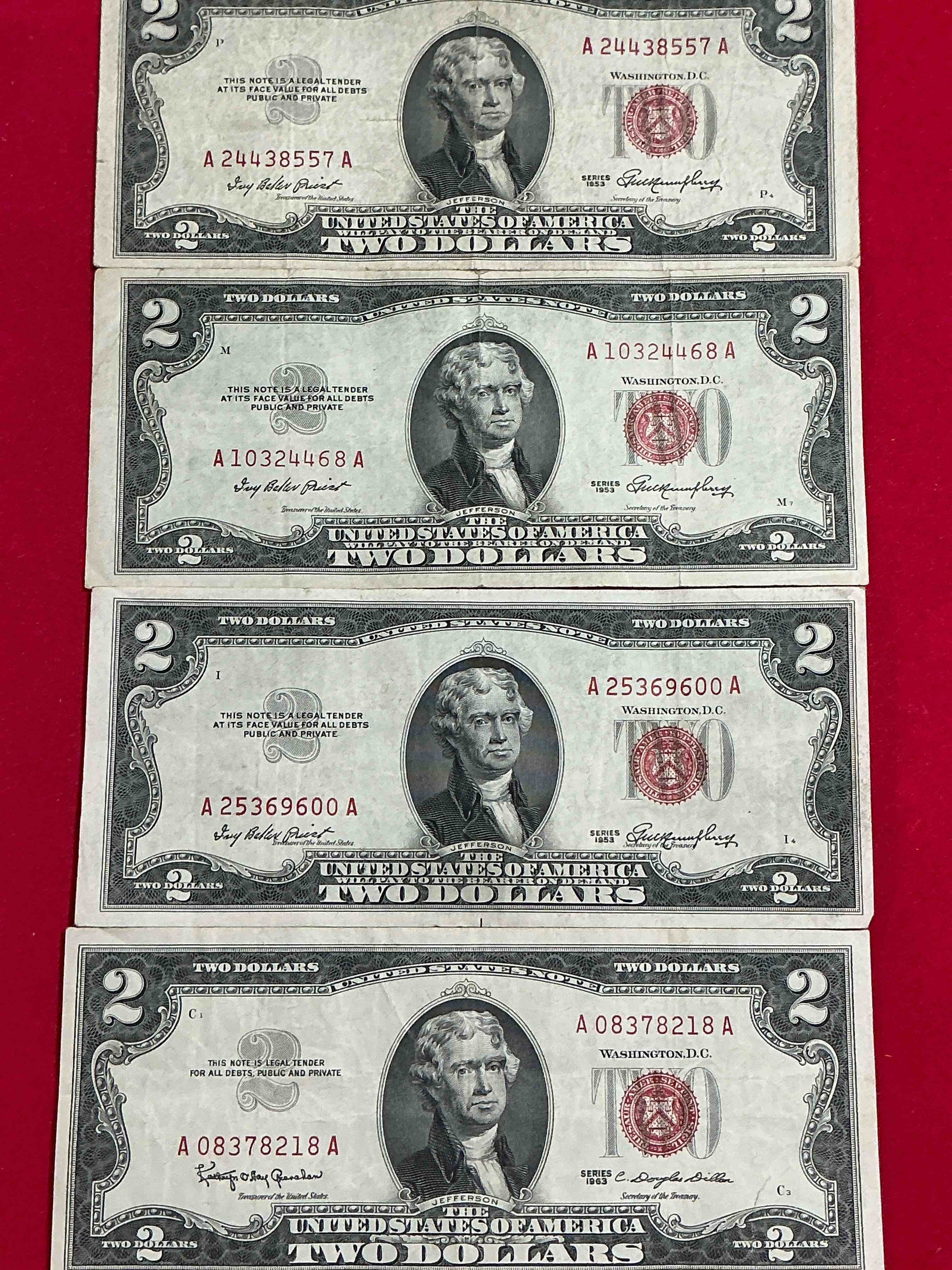 Rare Red Seal Two Dollar Bills! 1953 & 1963 Edition Paper Money! Check Out These Rare Bills, Perfect Addition To Any Collection!