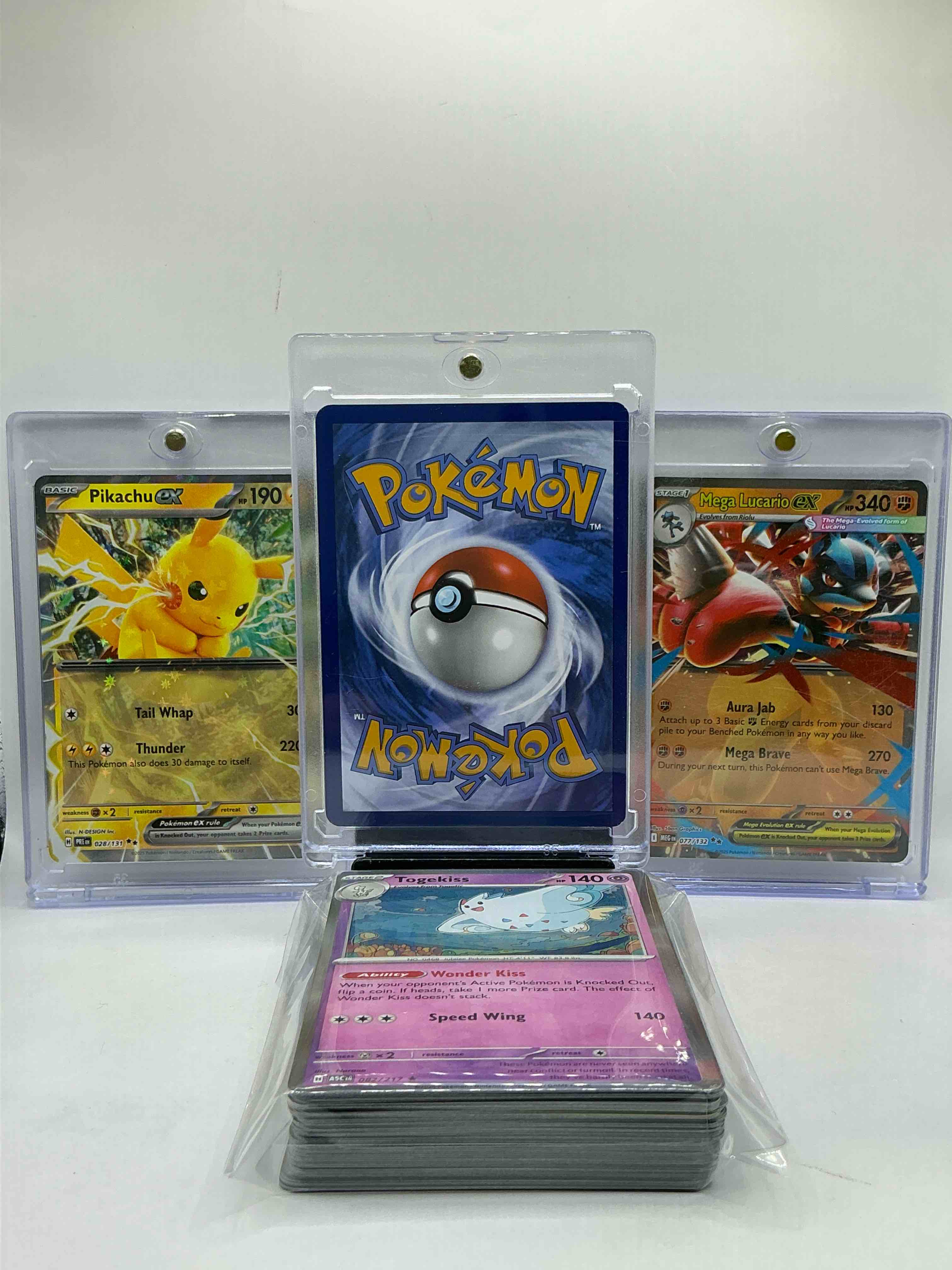 Condition photo showing New/Like New for pokémon prize pack! this set includes charizardex, pikachuex, mega lucarioex along with 50 other pokémon heroes, holos, legends & commons- including 1 stage two rare holographic, 2 stage one rare holographic, 3 basic rare holographic, 4 common/ uncommon holographics (all stages), 2 stage two non holographic & 2 rares! also includes 36 non holo common/ uncommon basic & first stage cards trainers & energy too! perfect set for collectors & enthusiasts!