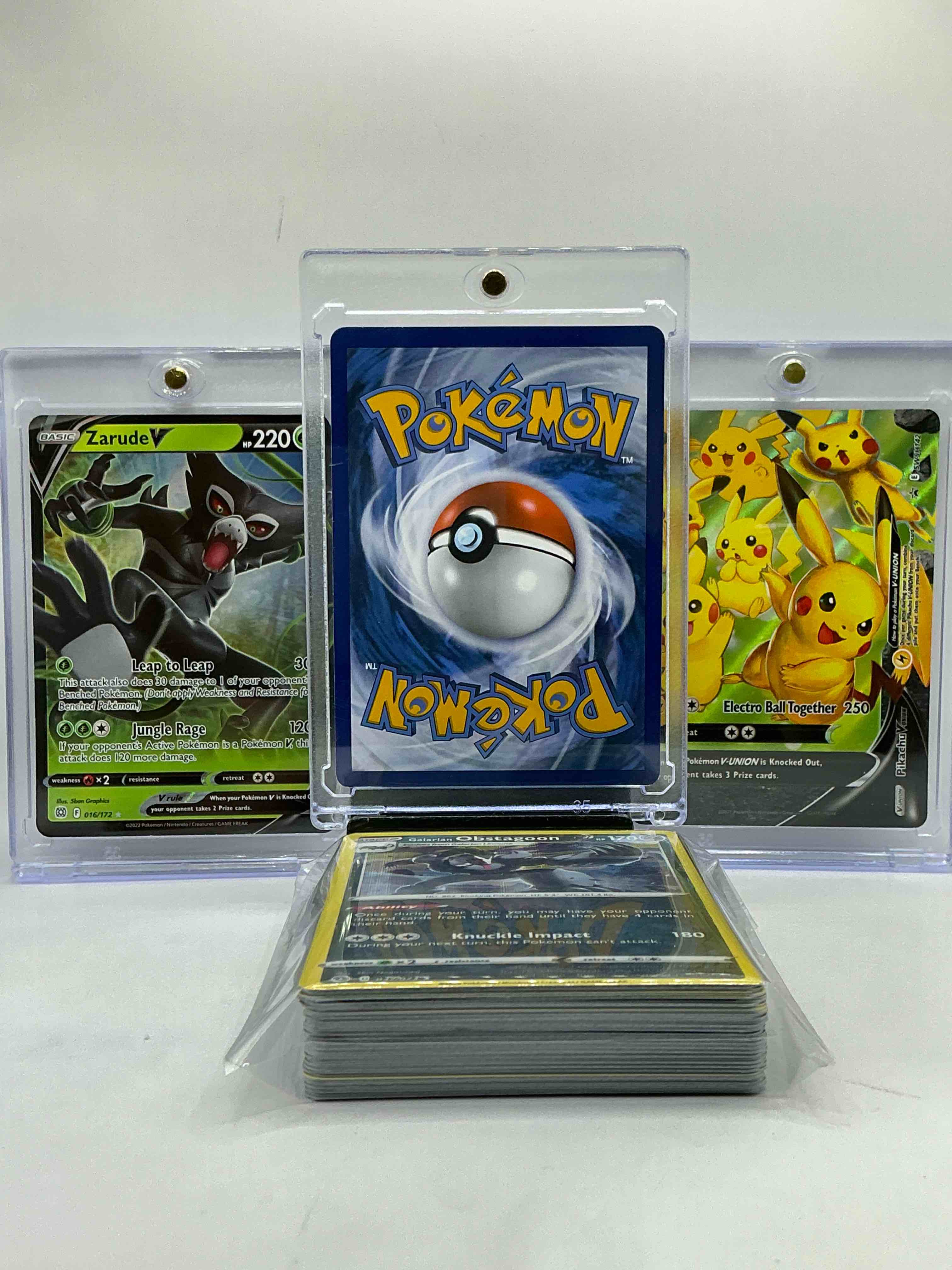 Condition photo showing New/Like New for lucario vstar, zarude & pikachu! monsters galore! along with 50 other pokémon heroes, holos, legends & commons- including 1 stage two rare holographic, 2 stage one rare holographic, 3 basic rare holographic, 4 common/ uncommon holographics (all stages), 2 stage two non holographic & 2 rares! also includes 36 non holo common/ uncommon basic & first stage cards trainers & energy too! perfect set for collectors & enthusiasts!