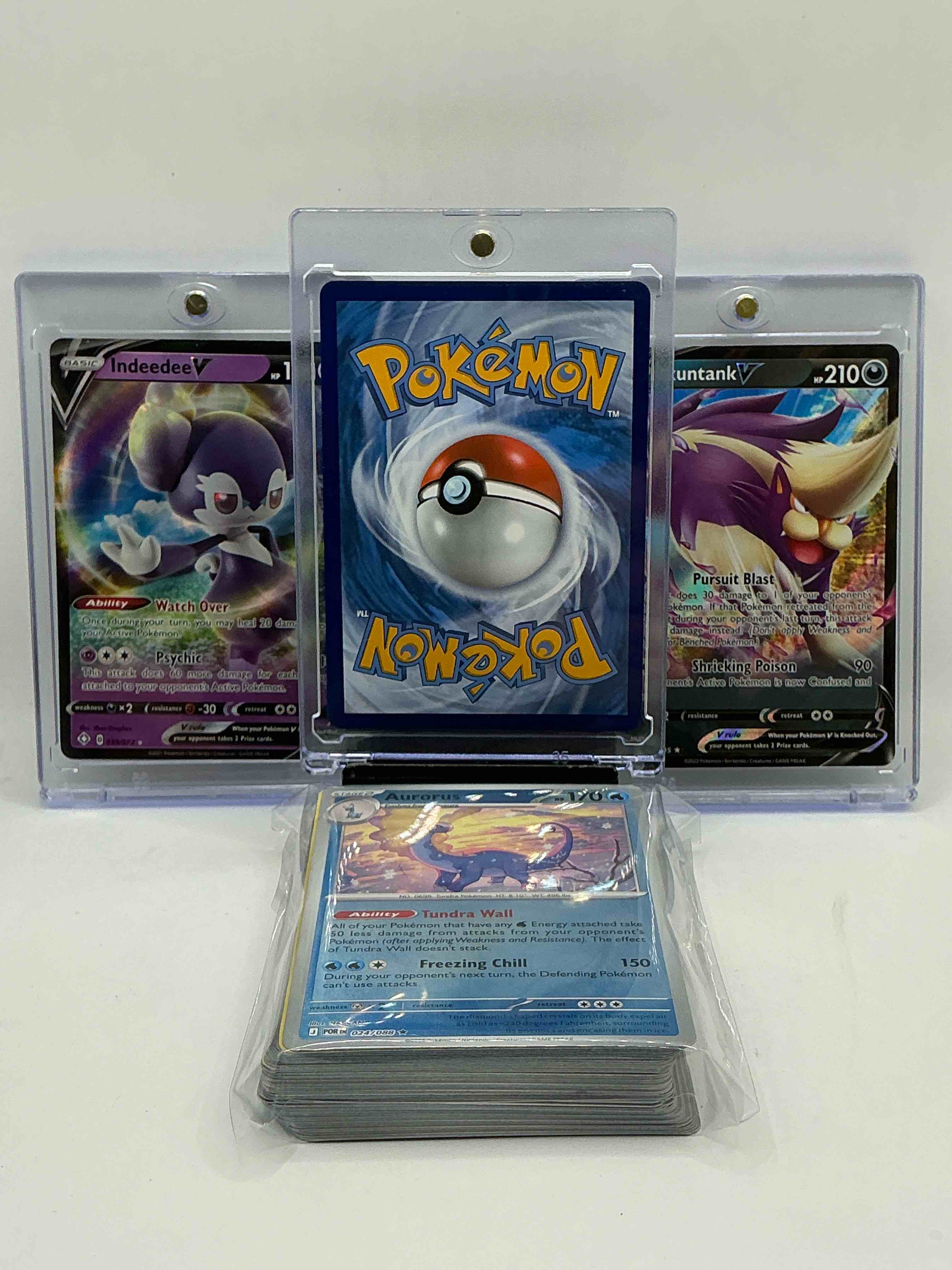 Condition photo showing New/Like New for pokémon party! galarian darmantian v! skunktank v! indeedee v! along with 50 other pokémon heroes, holos, legends & commons- including 1 stage two rare holographic, 2 stage one rare holographic, 3 basic rare holographic, 4 common/ uncommon holographics (all stages), 2 stage two non holographic & 2 rares! also includes 36 non holo common/ uncommon basic & first stage cards trainers & energy too! perfect set for collectors & enthusiasts!