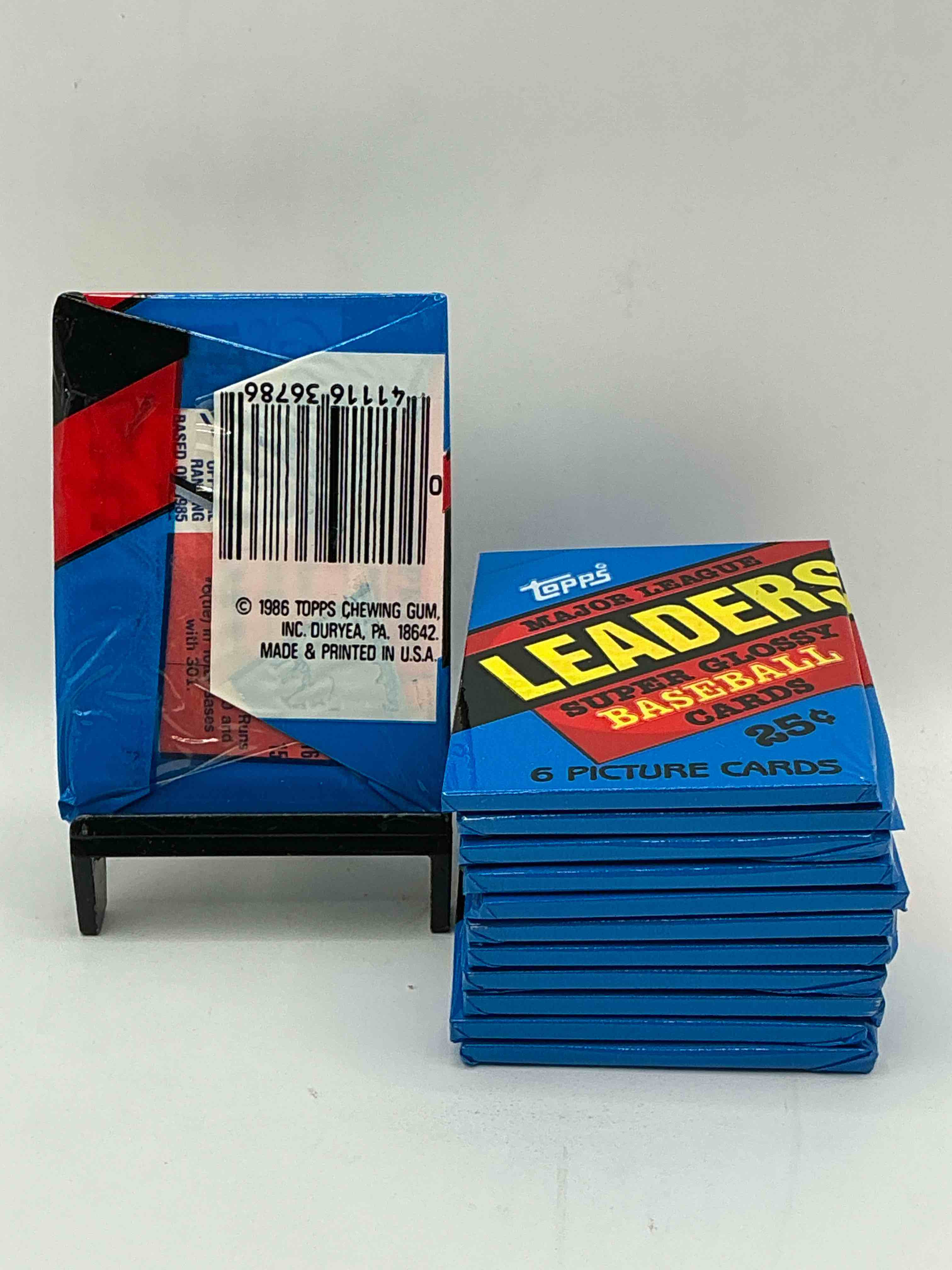Condition photo showing New/Like New for ultra rare! 1986 "mlb leaders" unopened miniature baseball collectible card packs, 6 cards per pack, direct from original retail case. super rare, impossible to find! like new condition!