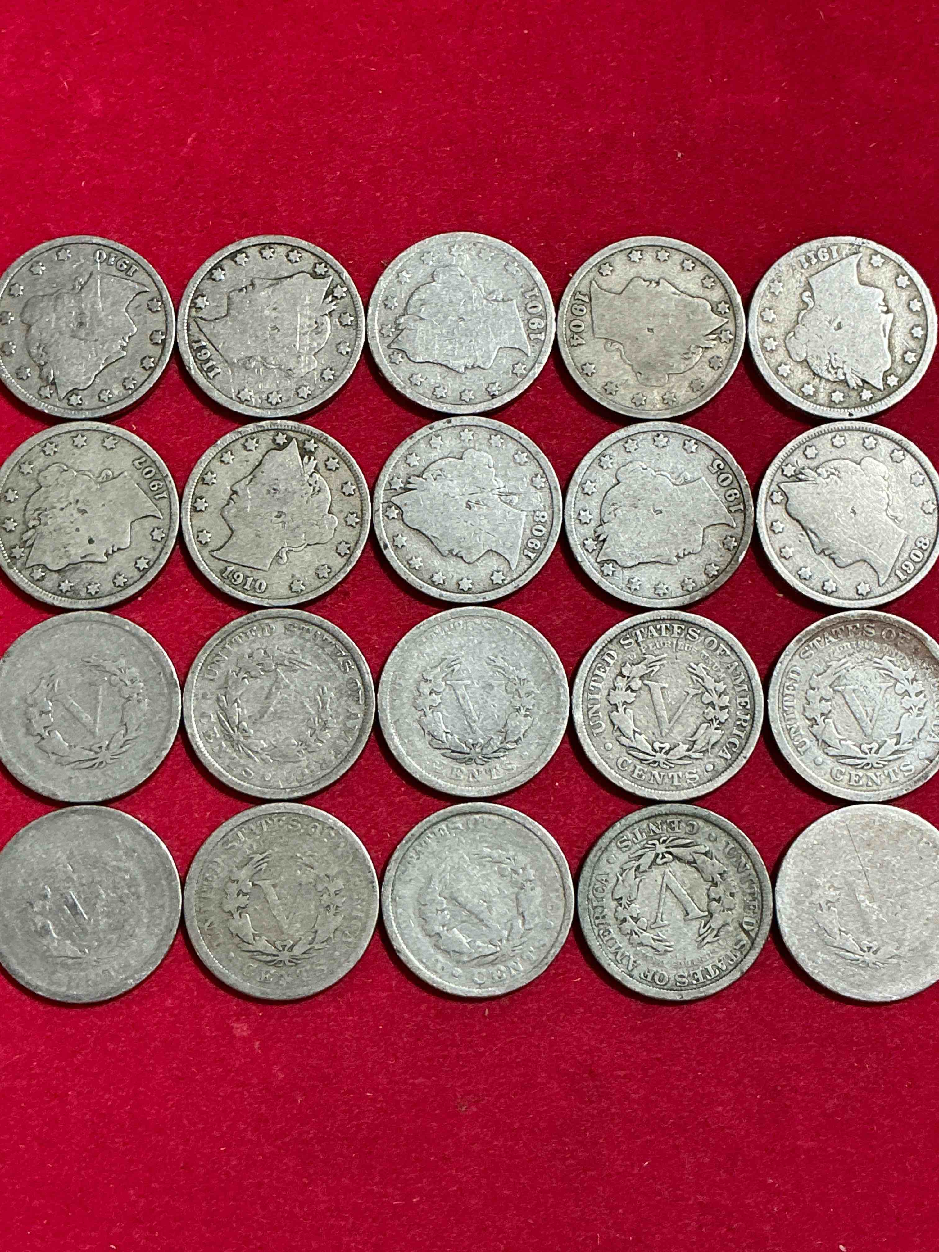 Condition photo showing Good Condition for antique u.s. v nickels! think of the history these coins have seen!, liberty head v nickels were minted up until 1913 & were the style of nickels before buffalo nickels. own some cool pieces of history! rare to see these coins with the "date on" in circulated condition!
