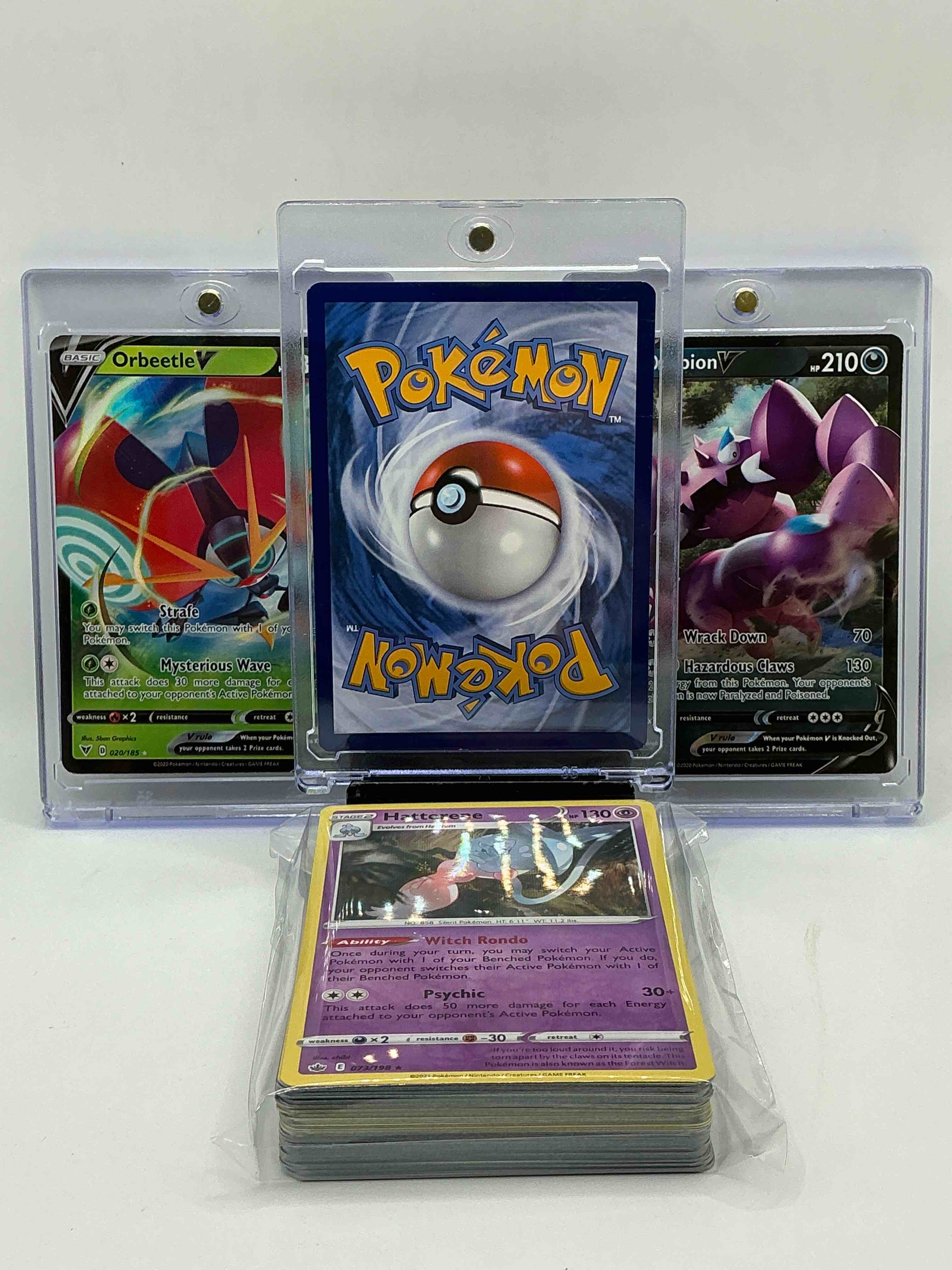 Condition photo showing New/Like New for pokémon party! pikachu vmax! drapion v! orbeetle v! along with 50 other pokémon heroes, holos, legends & commons- including 1 stage two rare holographic, 2 stage one rare holographic, 3 basic rare holographic, 4 common/ uncommon holographics (all stages), 2 stage two non holographic & 2 rares! also includes 36 non holo common/ uncommon basic & first stage cards trainers & energy too! perfect set for collectors & enthusiasts!
