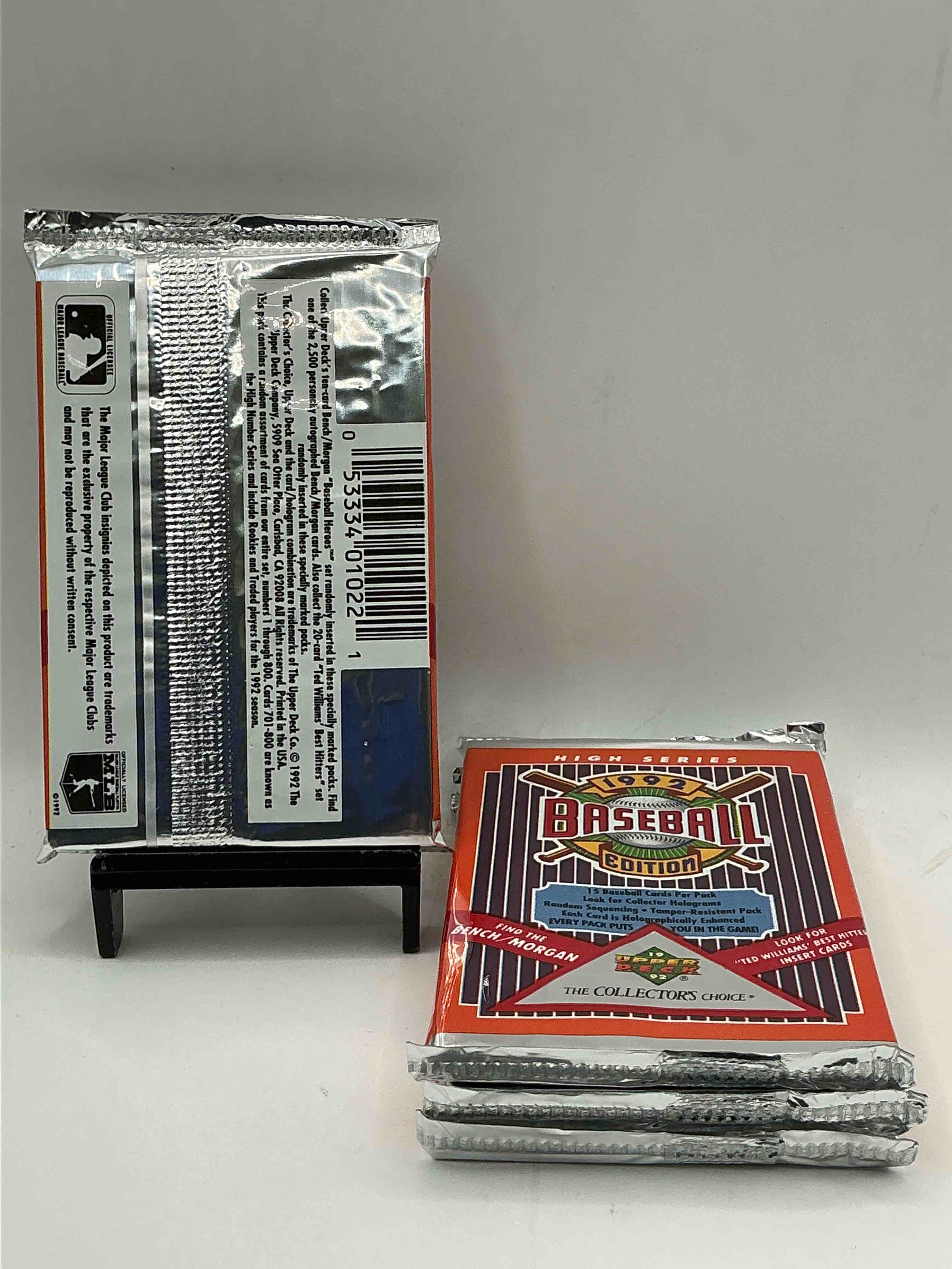 Condition photo showing New/Like New for 1992 upper deck high series baseball sealed sports & collectible card pack, direct from original sealed retail case! search for ultra rare & valuable ted williams & johnny bench signed insert cards as well as deion sanders, ken griffey jr., nolan ryan & so much more!