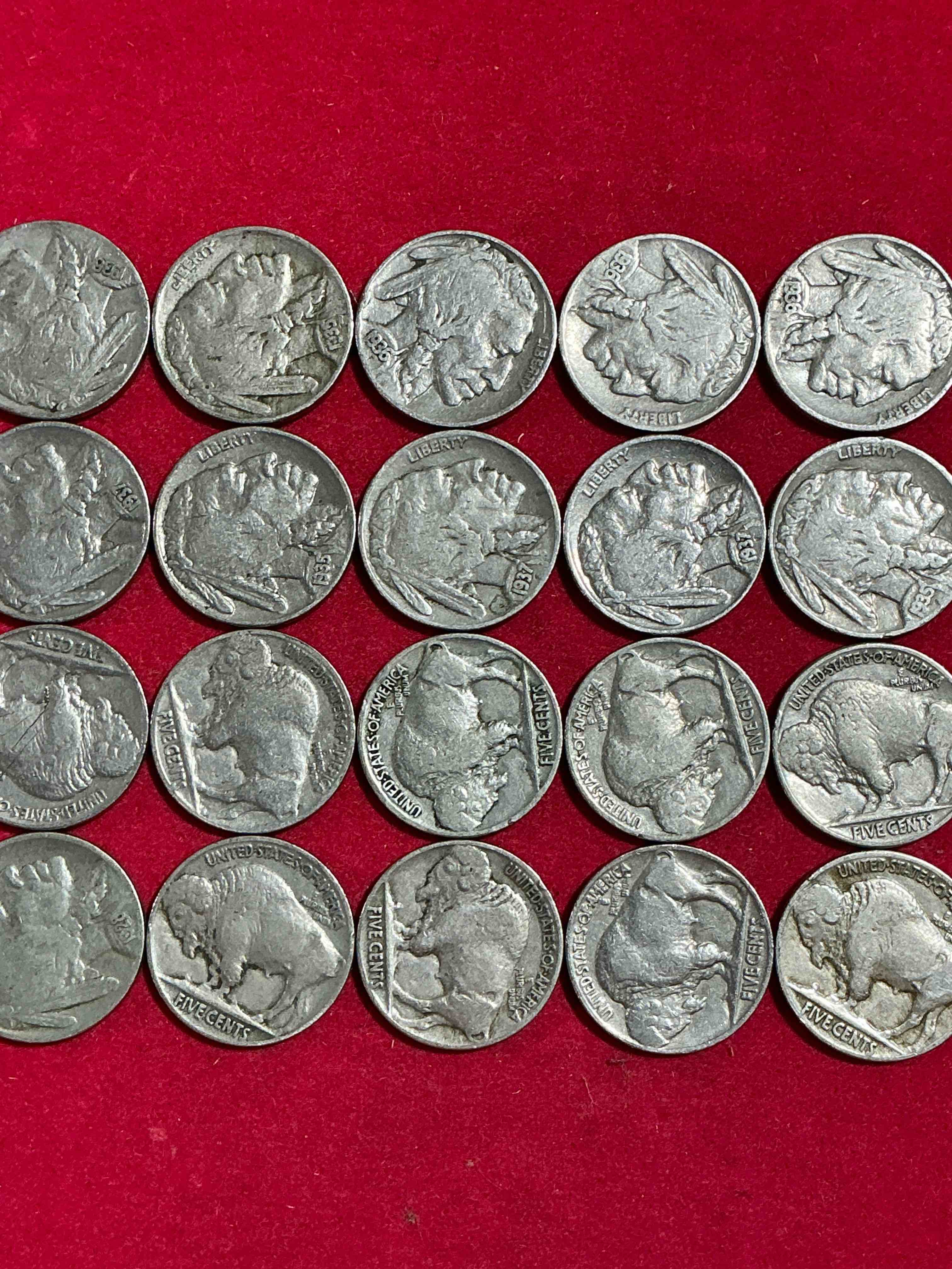 Condition photo showing Good Condition for historic buffalo nickels! indian head buffalo nickels were minted from 1913 to 1938 & have become a favorite for coin collectors around the world! own pieces of american history with these cool indian head buffalo nickels in circulated condition, most with visible dates which is very rare for buffalo nickels!
