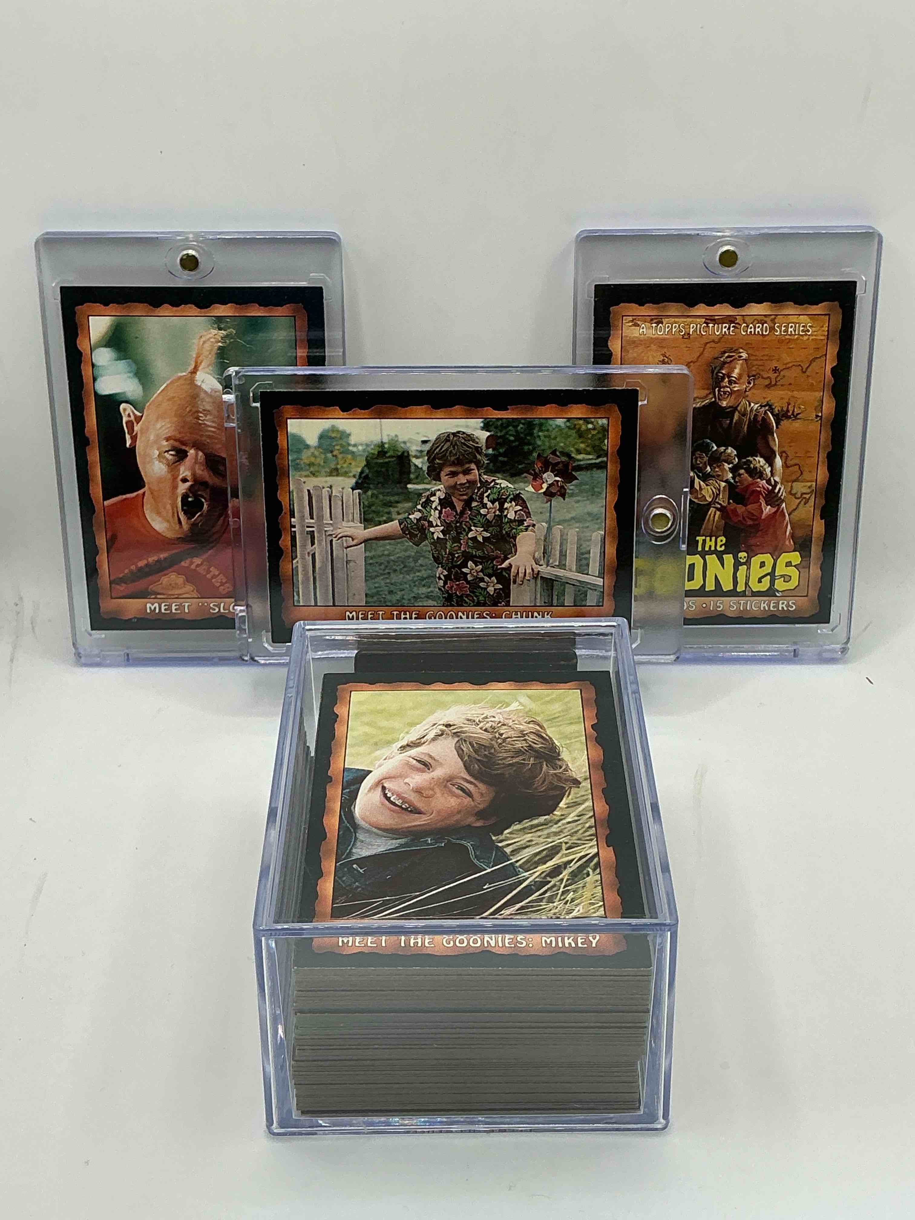 1985 goonies wow!  complete, original & authentic “goonies” movie trading card set, all 86 cards included complete!  excellent condition!  this set is a serious pop culture collectible, ultra rare complete & in this great condition!  your chance to own a little “piece of the 80’s” & have some collectible fun with chunk, sloth & the rest of the gang!