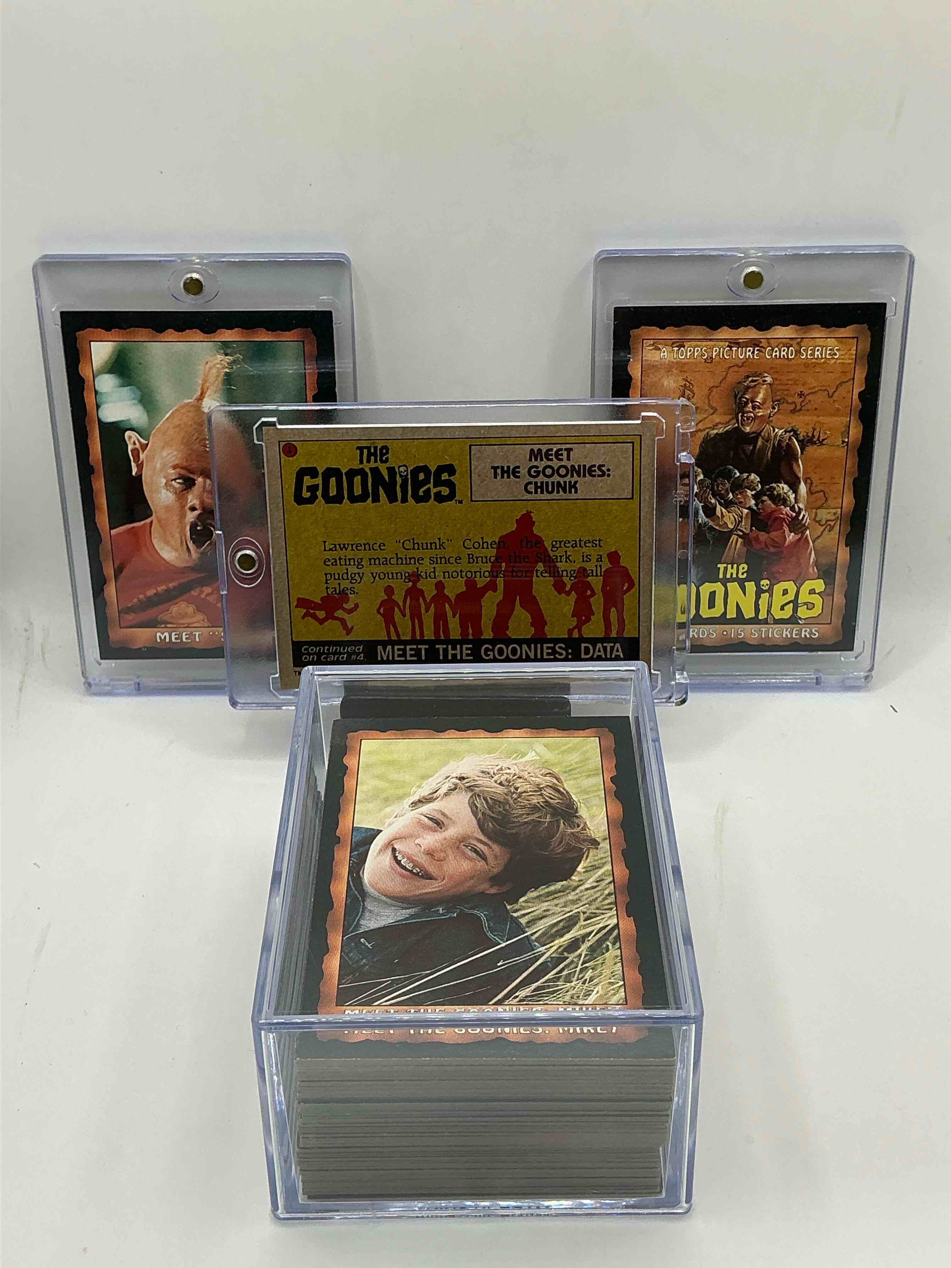 Condition photo showing New/Like New for 1985 goonies wow! complete, original & authentic “goonies” movie trading card set, all 86 cards included complete! excellent condition! this set is a serious pop culture collectible, ultra rare complete & in this great condition! your chance to own a little “piece of the 80’s” & have some collectible fun with chunk, sloth & the rest of the gang!