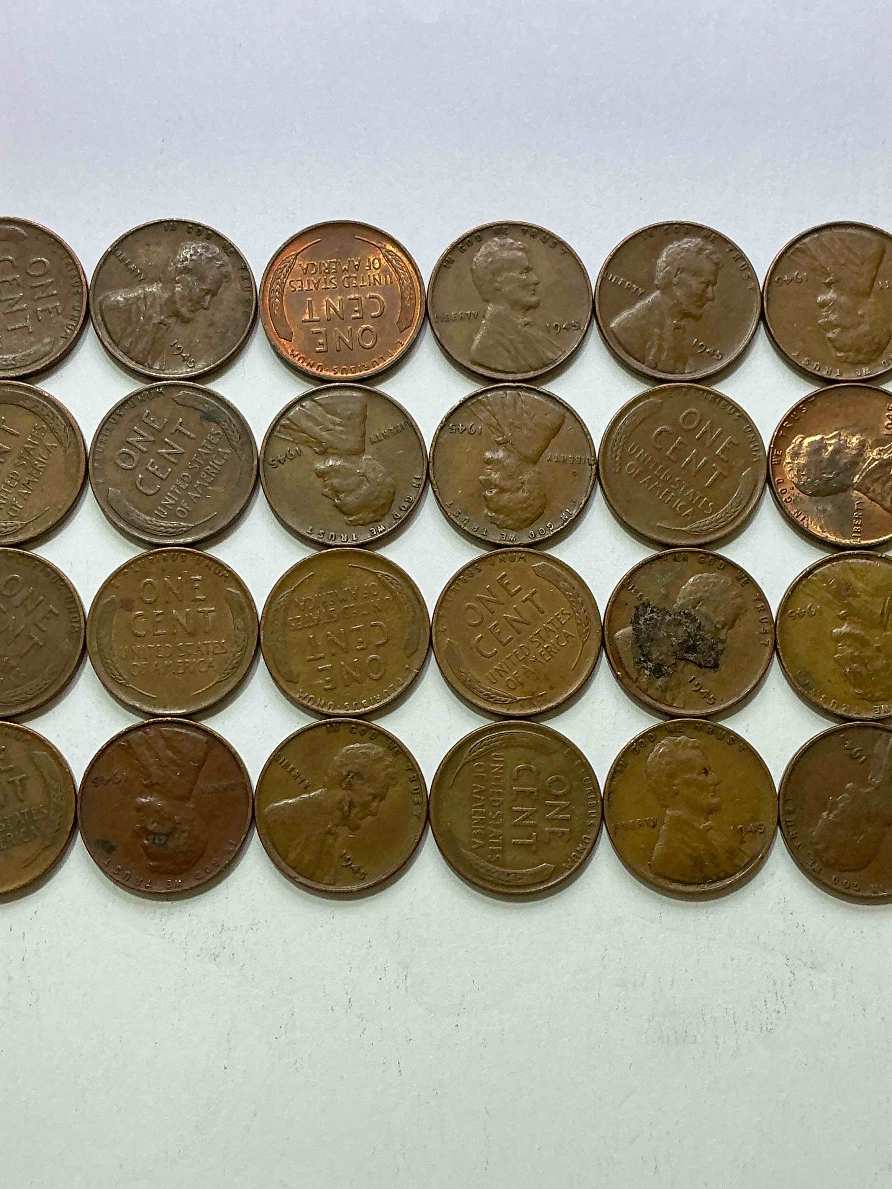 Condition photo showing Good Condition for 1945 end of world war one pennies! super cool 1945 pennies, perfect addition to any collection! think of the history in these coins!