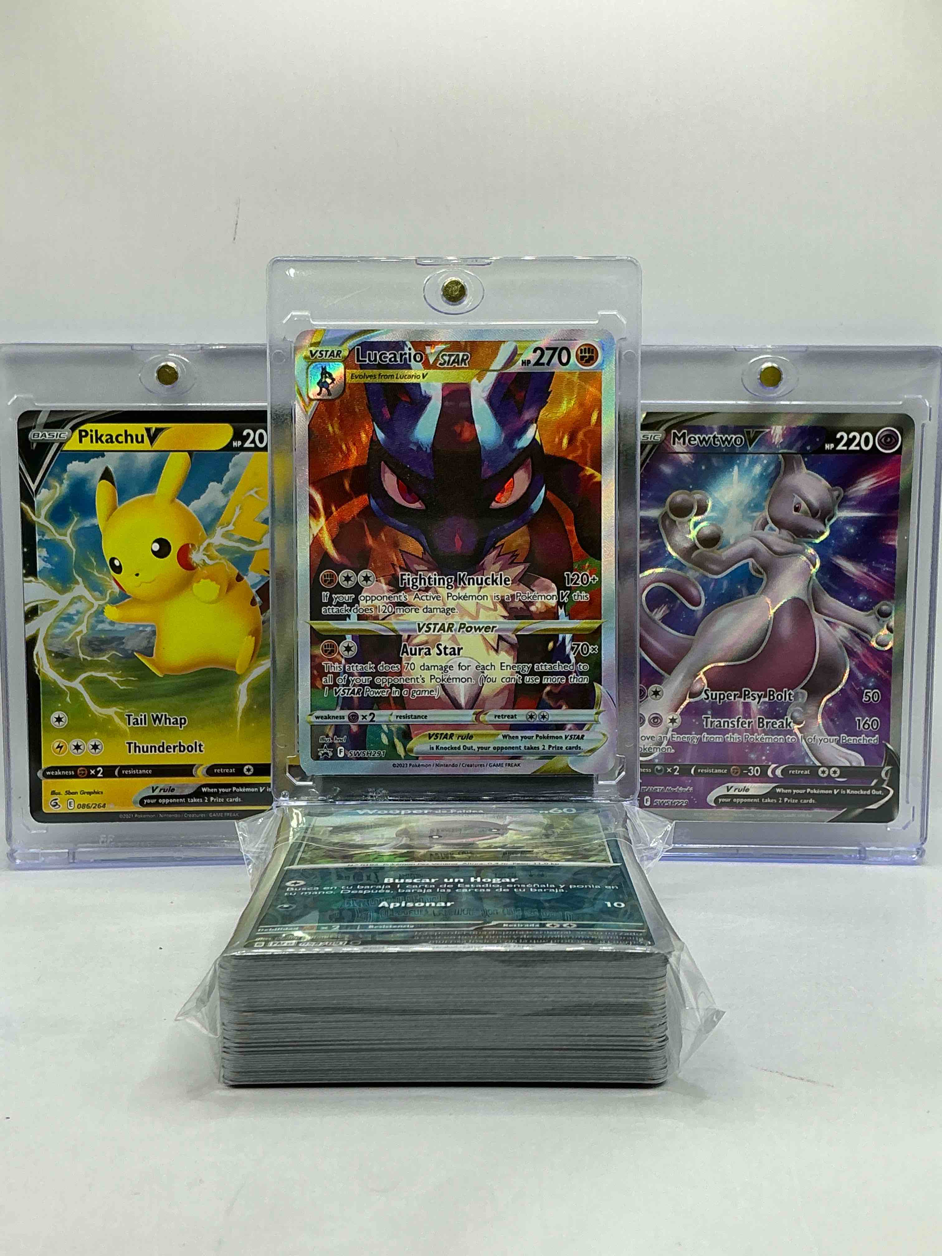 Lucario VSTAR, Piakchu & Mewtwo V WOW! Insane Trio, Along With 50 Other Pokémon Heroes, Holos, Legends & Commons- Including 1 Stage Two Rare Holographic, 2 Stage One Rare Holographic, 3 Basic Rare Holographic, 4 Common/ Uncommon Holographics (All Stages), 2 Stage Two Non Holographic & 2 Rares! Also Includes 36 Non Holo Common/ Uncommon Basic & First Stage Cards Trainers & Energy Too! Perfect Set For Collectors & Enthusiasts!