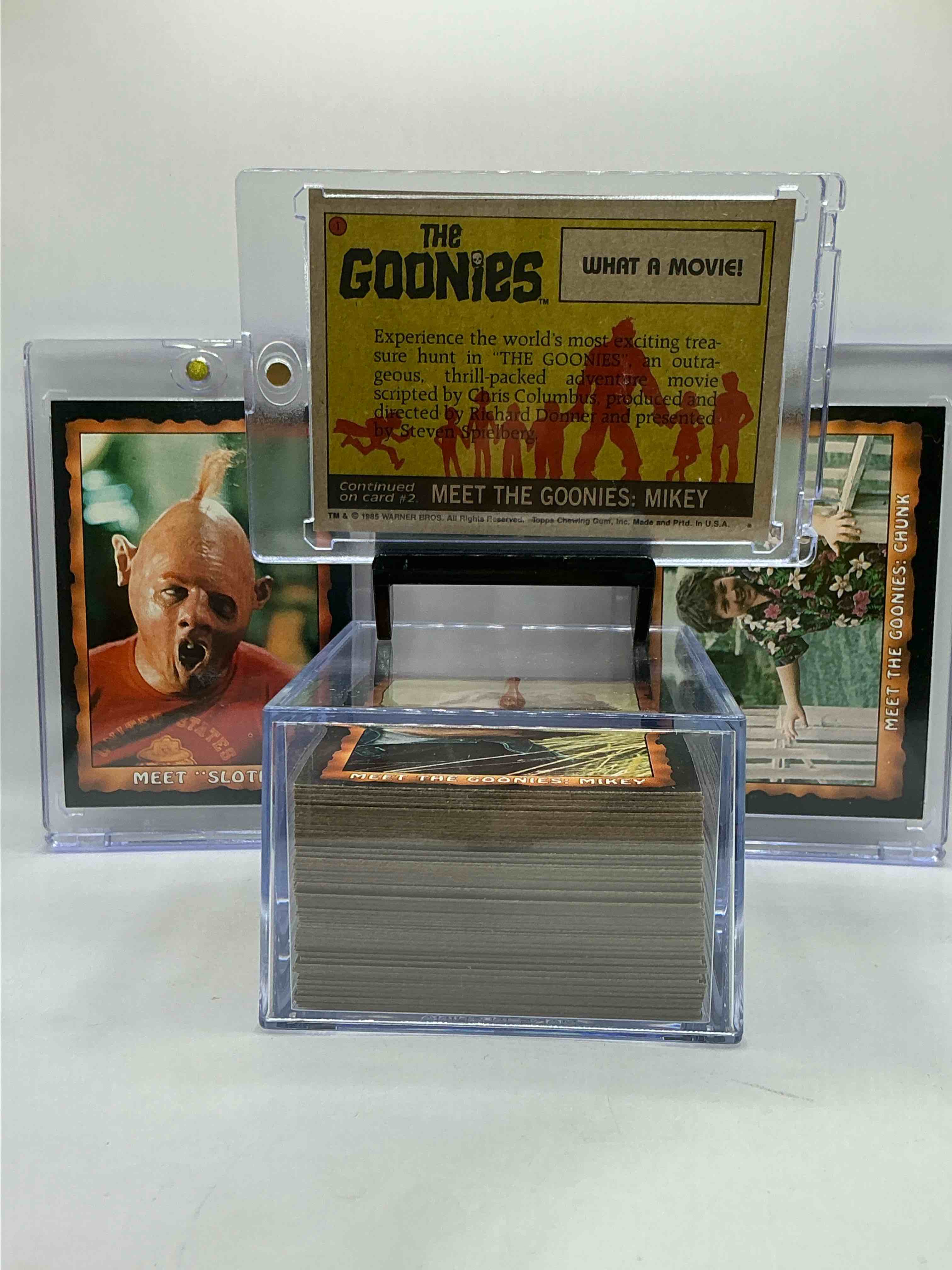 Condition photo showing New/Like New for 1985 goonies wow!  complete, original & authentic “goonies” movie trading card set, all 86 cards included complete!  excellent condition!  this set is a serious pop culture collectible, ultra rare complete & in this great condition!  your chance to own a little “piece of the 80’s” & have some collectible fun with chunk, sloth & the rest of the gang!