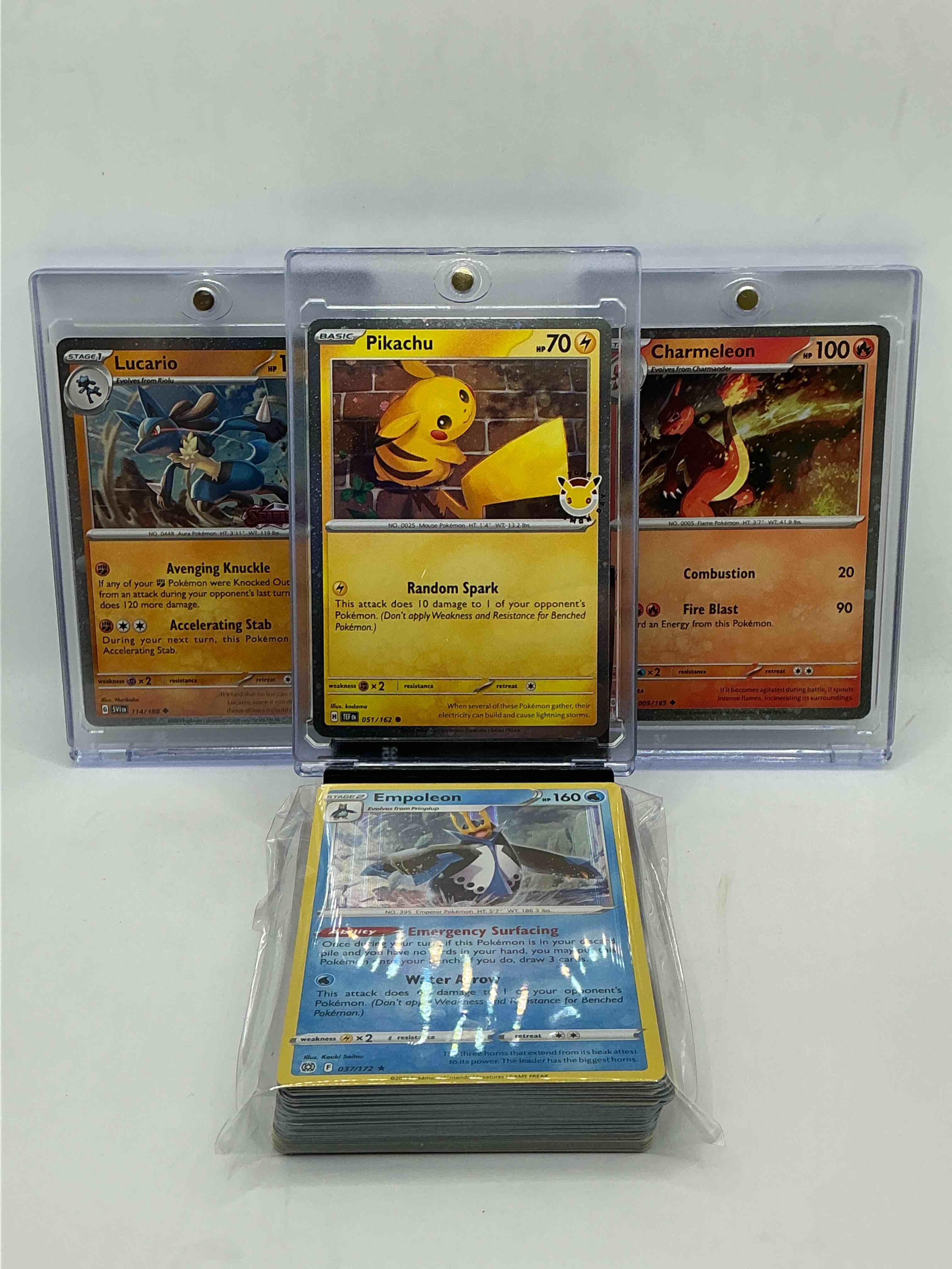 pokémon palooza! pikachu! lucario! charmeleon! along with 50 other pokémon heroes, holos, legends & commons- including 1 stage two rare holographic, 2 stage one rare holographic, 3 basic rare holographic, 4 common/ uncommon holographics (all stages), 2 stage two non holographic & 2 rares! also includes 36 non holo common/ uncommon basic & first stage cards trainers & energy too! perfect set for collectors & enthusiasts!