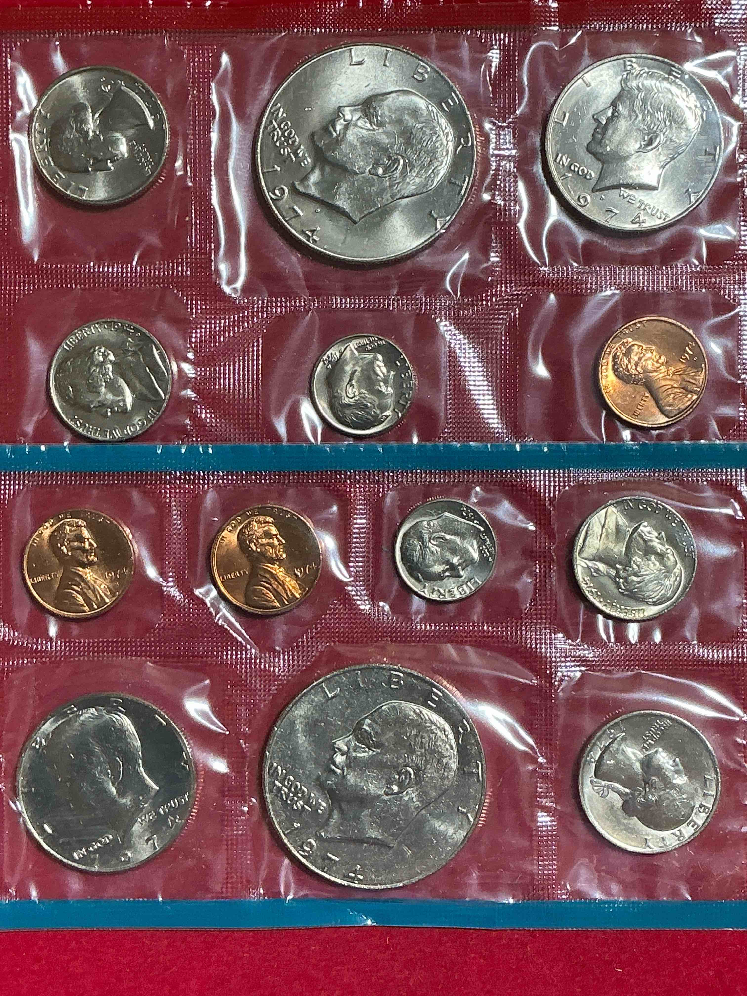 great year! 1974 uncirculated philadelphia & denver 13 coin mint combo! these beautiful, uncirculated coins are rare pieces of history! 1974 pennies half dollars, dollars, nickels & quarters!