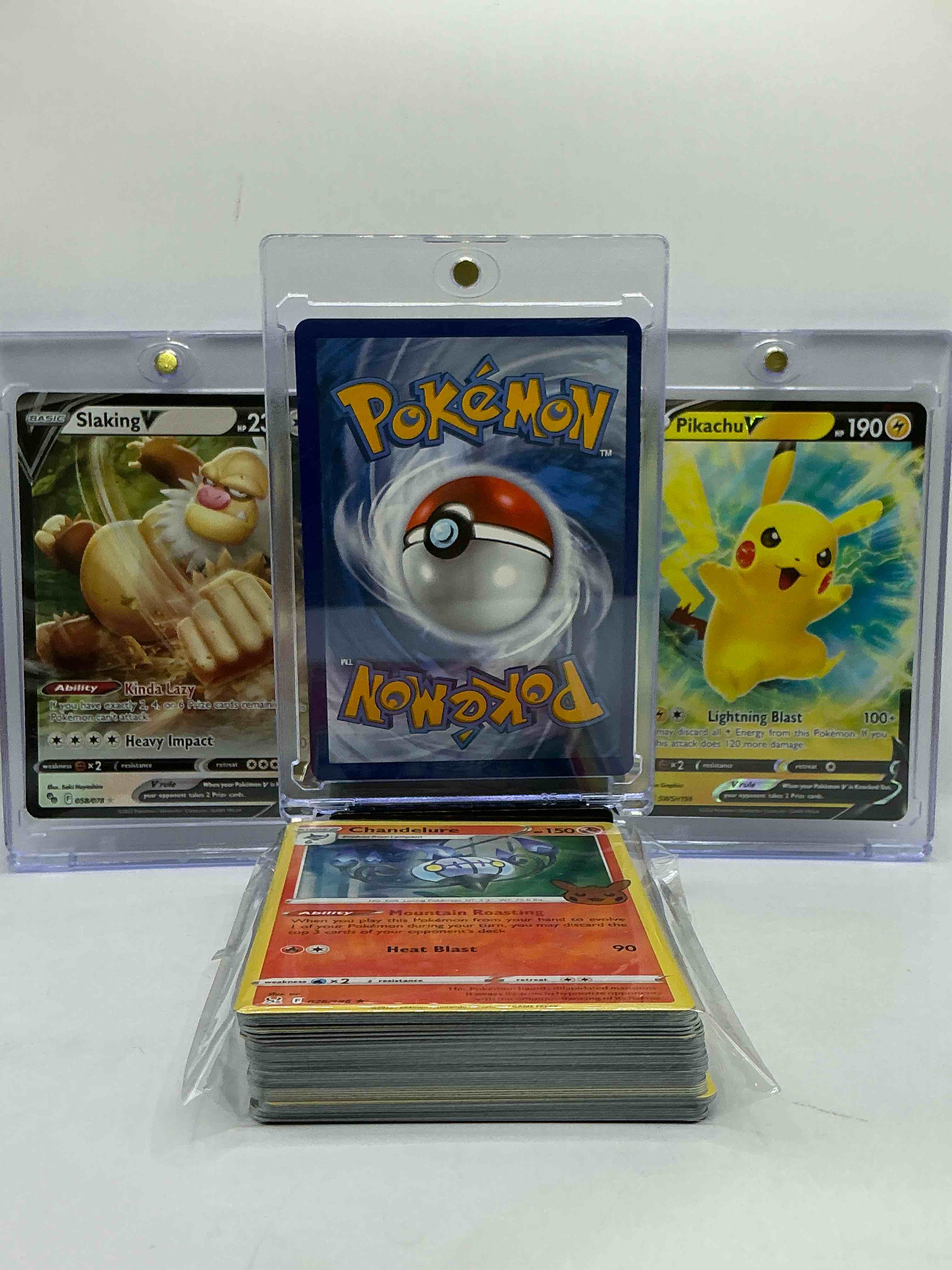 Condition photo showing New/Like New for lucario v, slaking v, pikachu v & more! along with 50 other pokémon heroes, holos, legends & commons- including 1 stage two rare holographic, 2 stage one rare holographic, 3 basic rare holographic, 4 common/ uncommon holographics (all stages), 2 stage two non holographic & 2 rares! also includes 36 non holo common/ uncommon basic & first stage cards trainers & energy too! perfect set for collectors & enthusiasts!