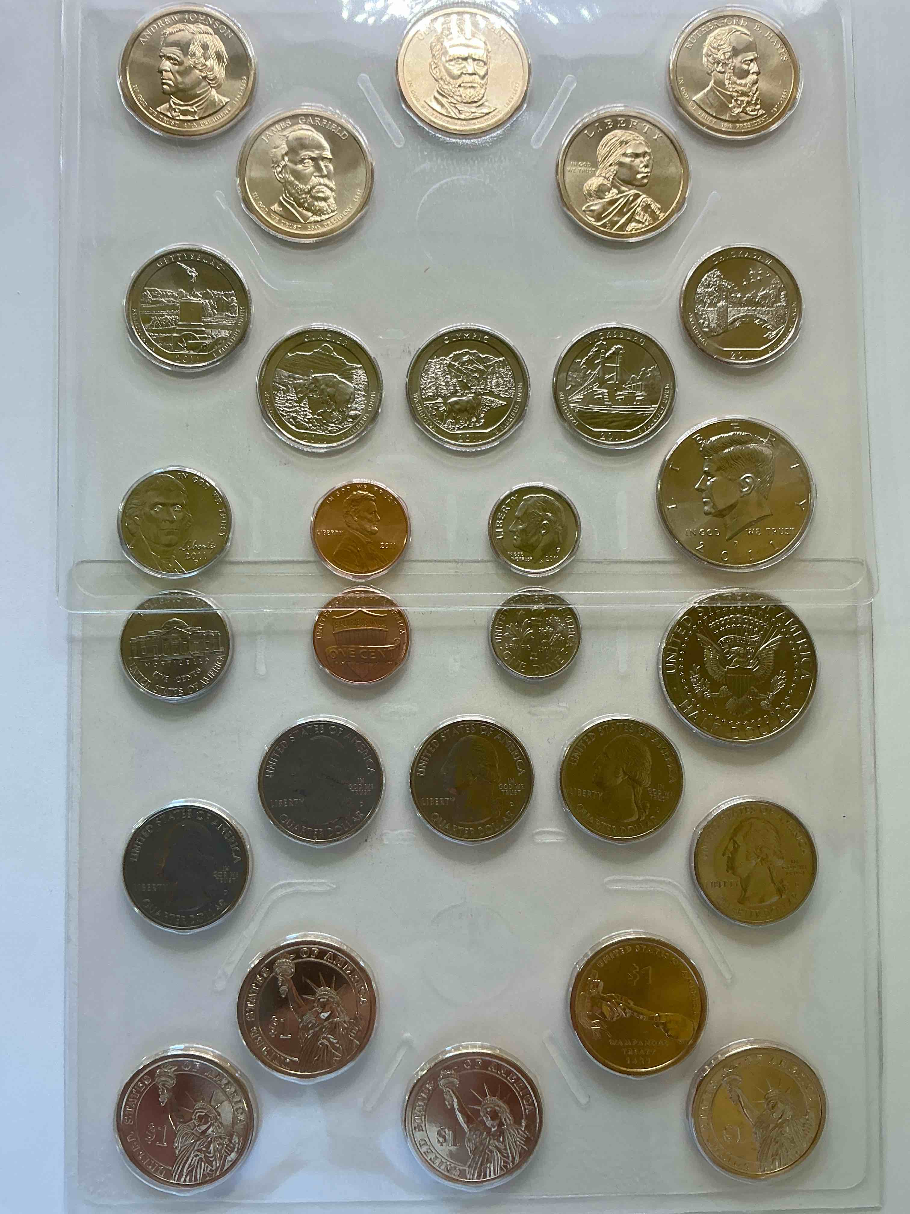 Condition photo showing New/Like New for 28 coin craziness! denver & philly mints! 2011 uncirculated mint set coins! includes half dollars, president dollar coins, dimes, nickels, pennies & quarters! cool coin collectible!