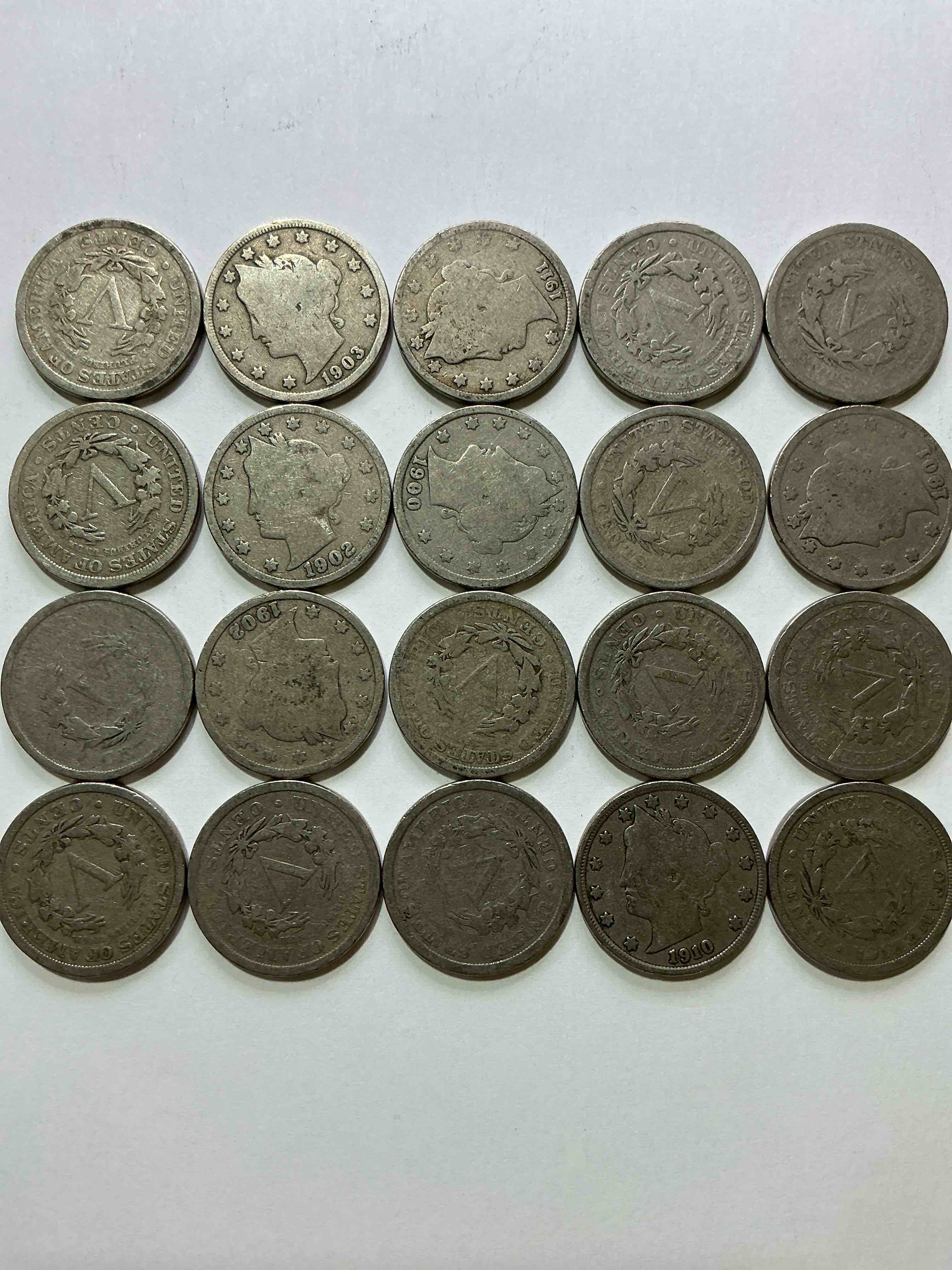 Condition photo showing Good Condition for antique u.s. v nickels! think of the history these coins have seen!, liberty head v nickels were minted up until 1913 & were the style of nickels before buffalo nickels. own some cool pieces of history! rare to see these coins with the "date on" in circulated condition!