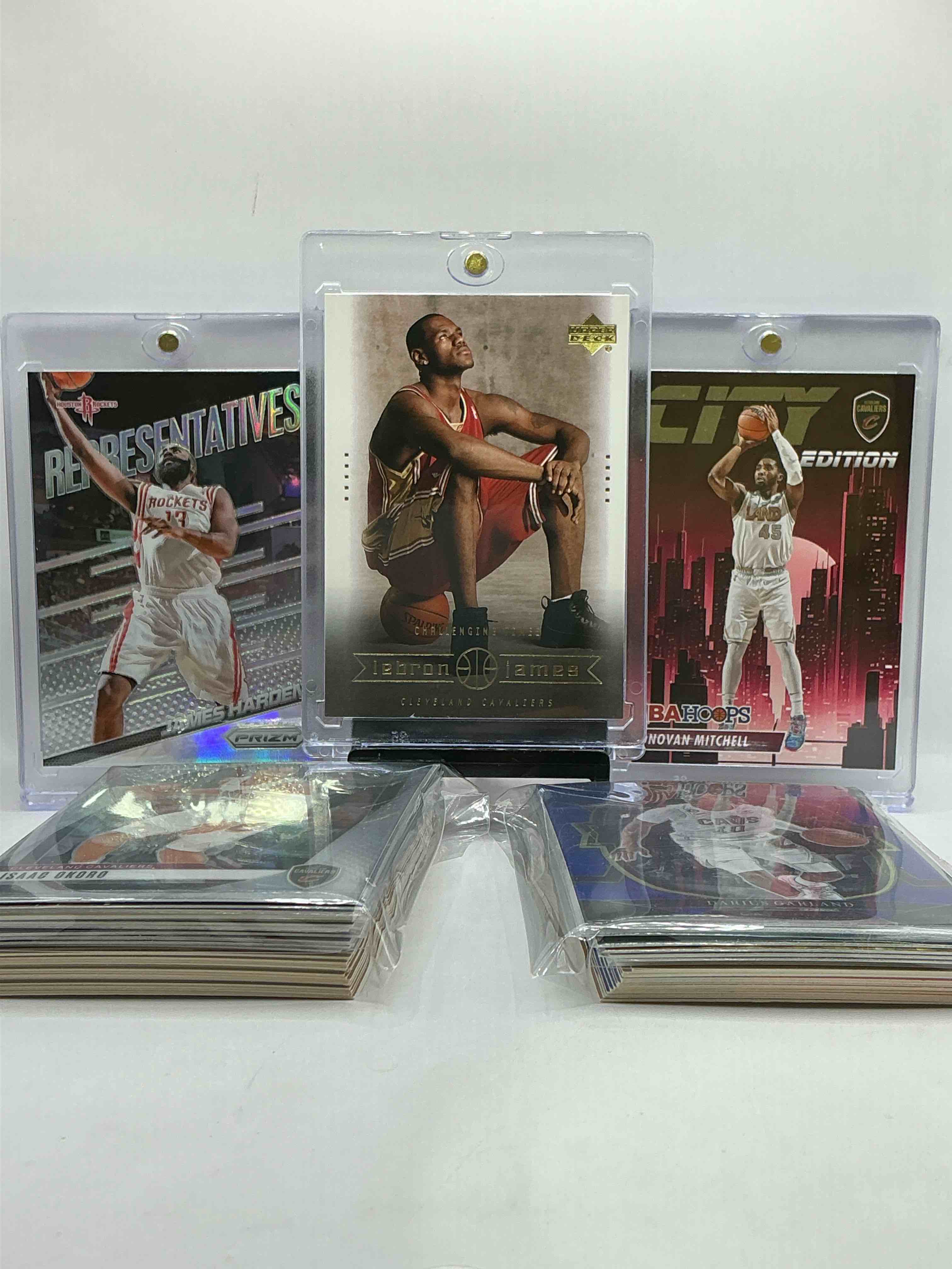 lebron james upper deck rookie card, city edition donovan mitchell card, james harden representatives prizm card & more! cavaliers craziness! this 50 card lot includes commons, legends & more!