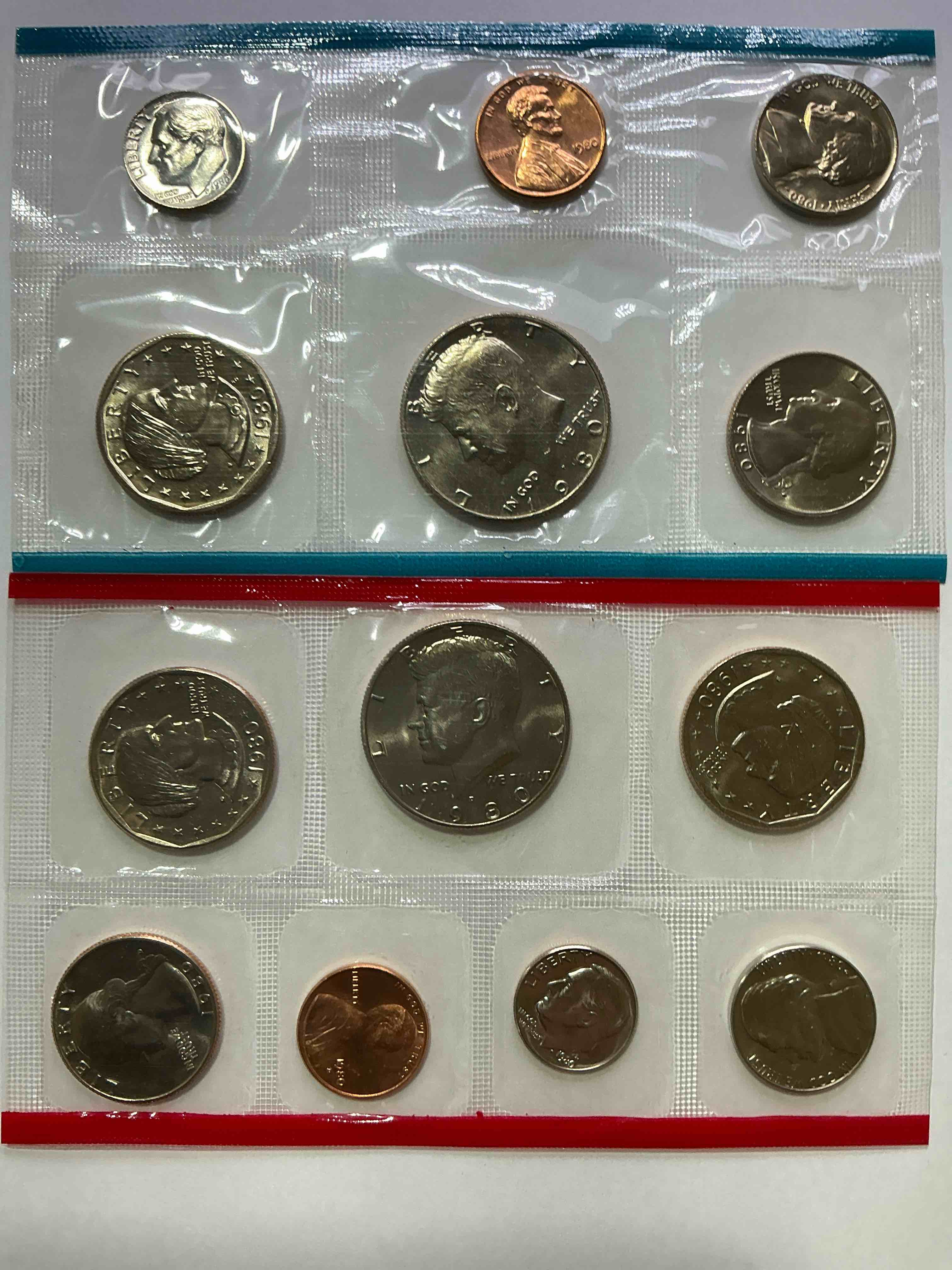 1980 uncirculated philadelphia & denver 13 coin mint combo! these beautiful, uncirculated coins are rare pieces of history! 1980 dimes, pennies half dollars, dollars, nickels & quarters!