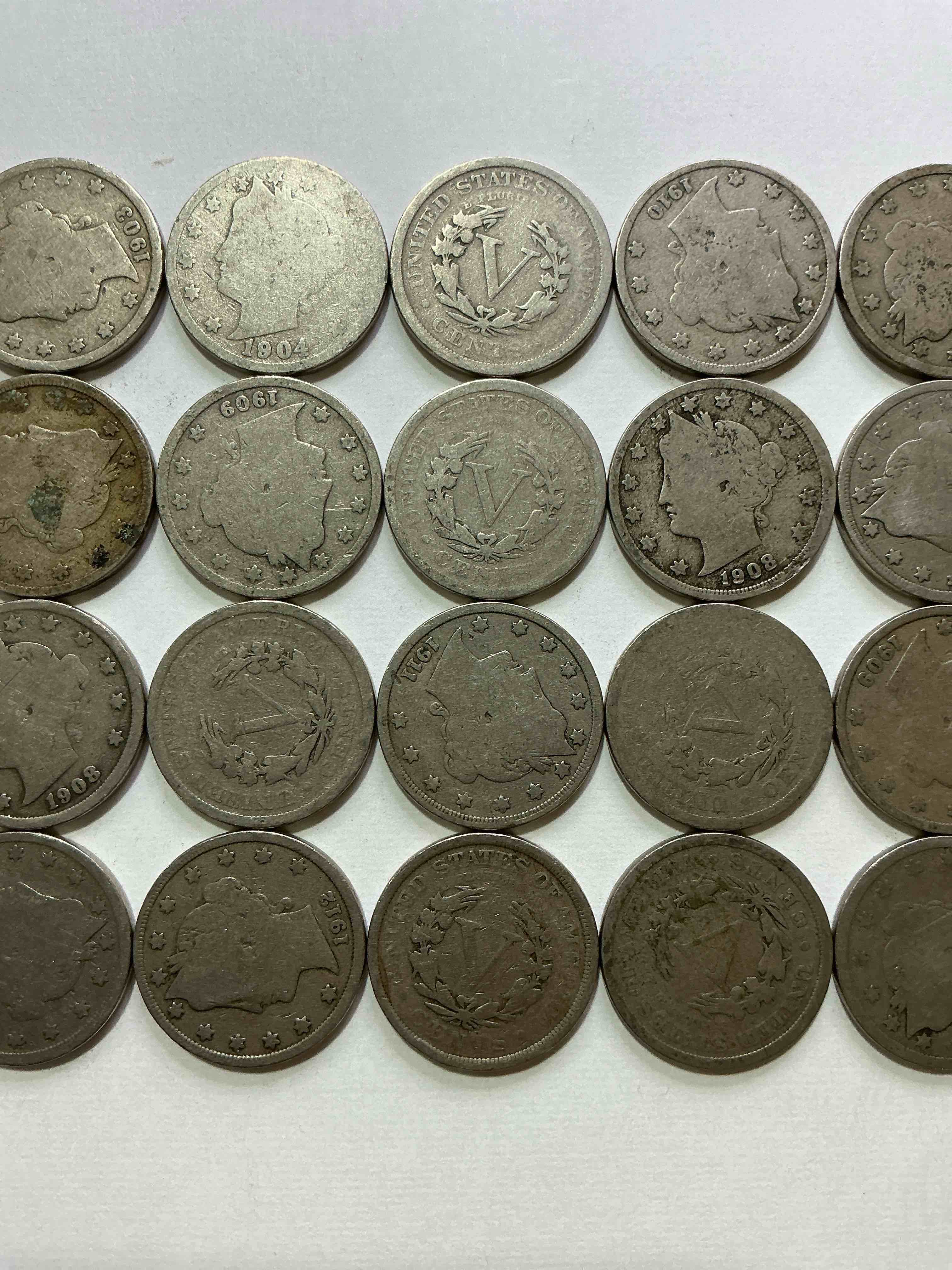 Condition photo showing Good Condition for antique u.s. v nickels! think of the history these coins have seen!, liberty head v nickels were minted up until 1913 & were the style of nickels before buffalo nickels. own some cool pieces of history! rare to see these coins with the "date on" in circulated condition!