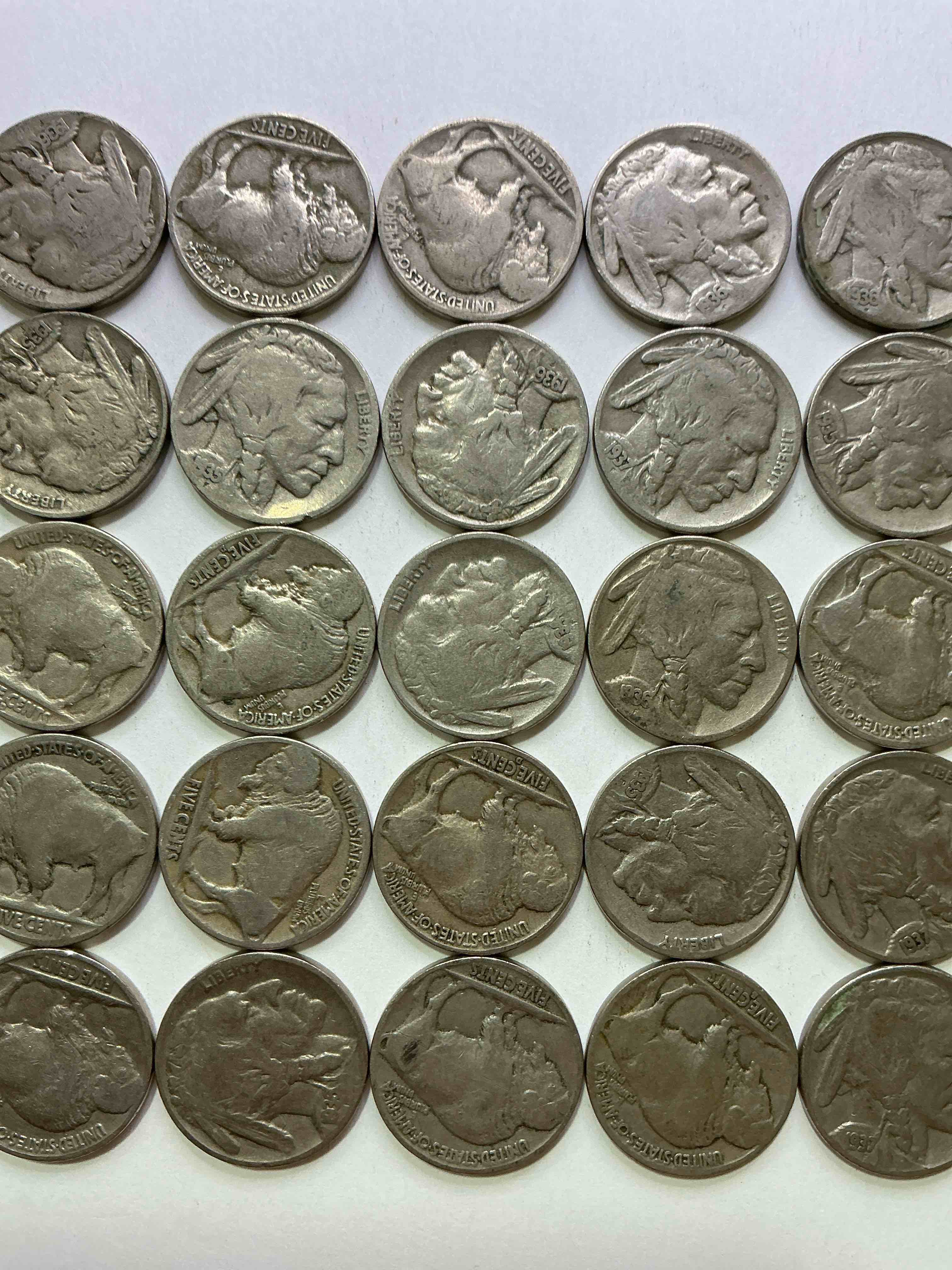 Condition photo showing Good Condition for historic buffalo nickels! indian head buffalo nickels were minted from 1913 to 1938 & have become a favorite for coin collectors around the world! own pieces of american history with these cool indian head buffalo nickels in circulated condition, most with visible dates which is very rare for buffalo nickels!