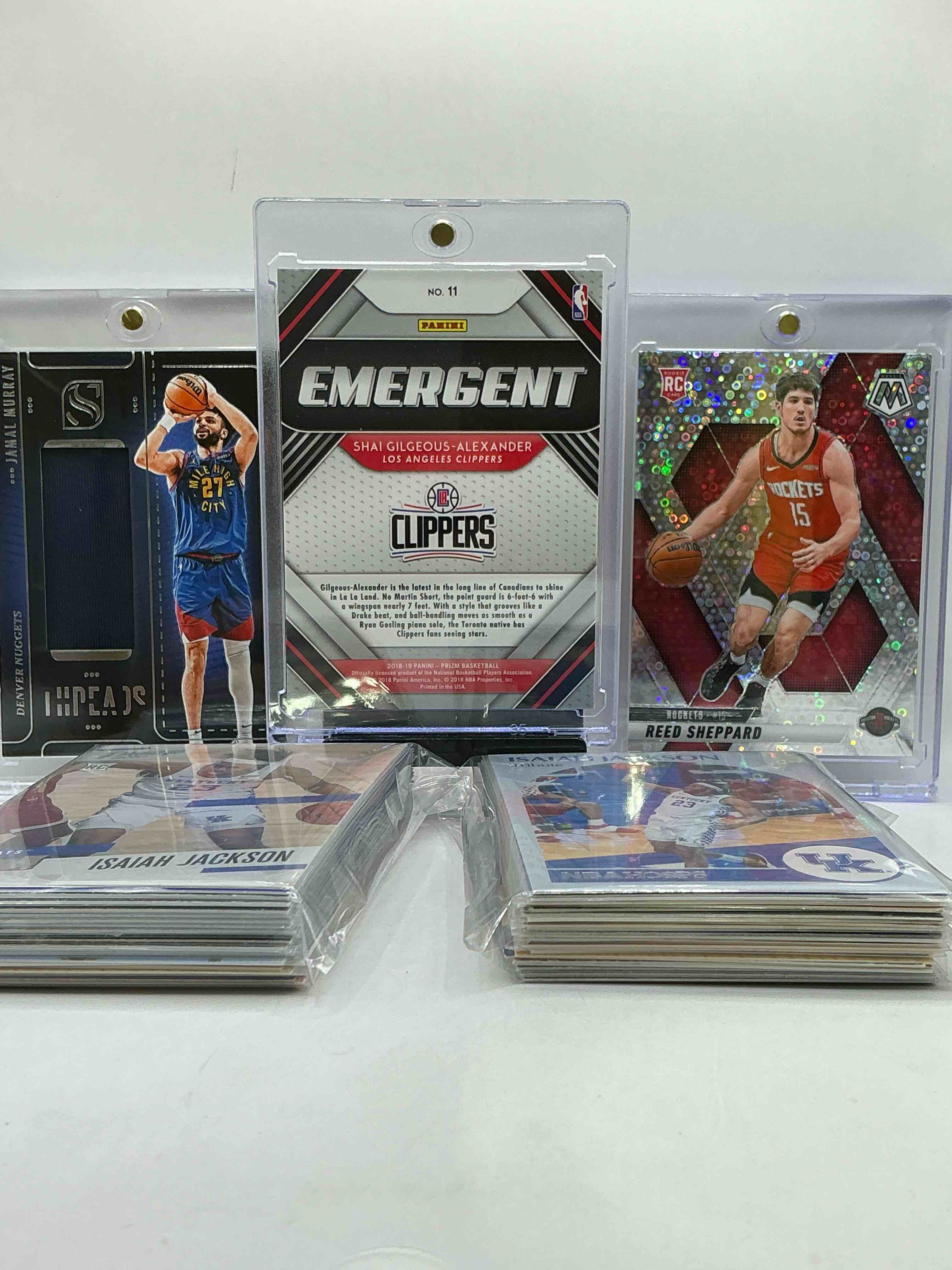 Condition photo showing New/Like New for shai gilgeous- alexander prizm rookie, mosaic disco reed sheppard rookie, jamal murray jersey card & more! kentucky players! 50 card lot, lexington special! uk cards & more! legends, rookies & more! mashburn, isaiah jackson & more! insane!