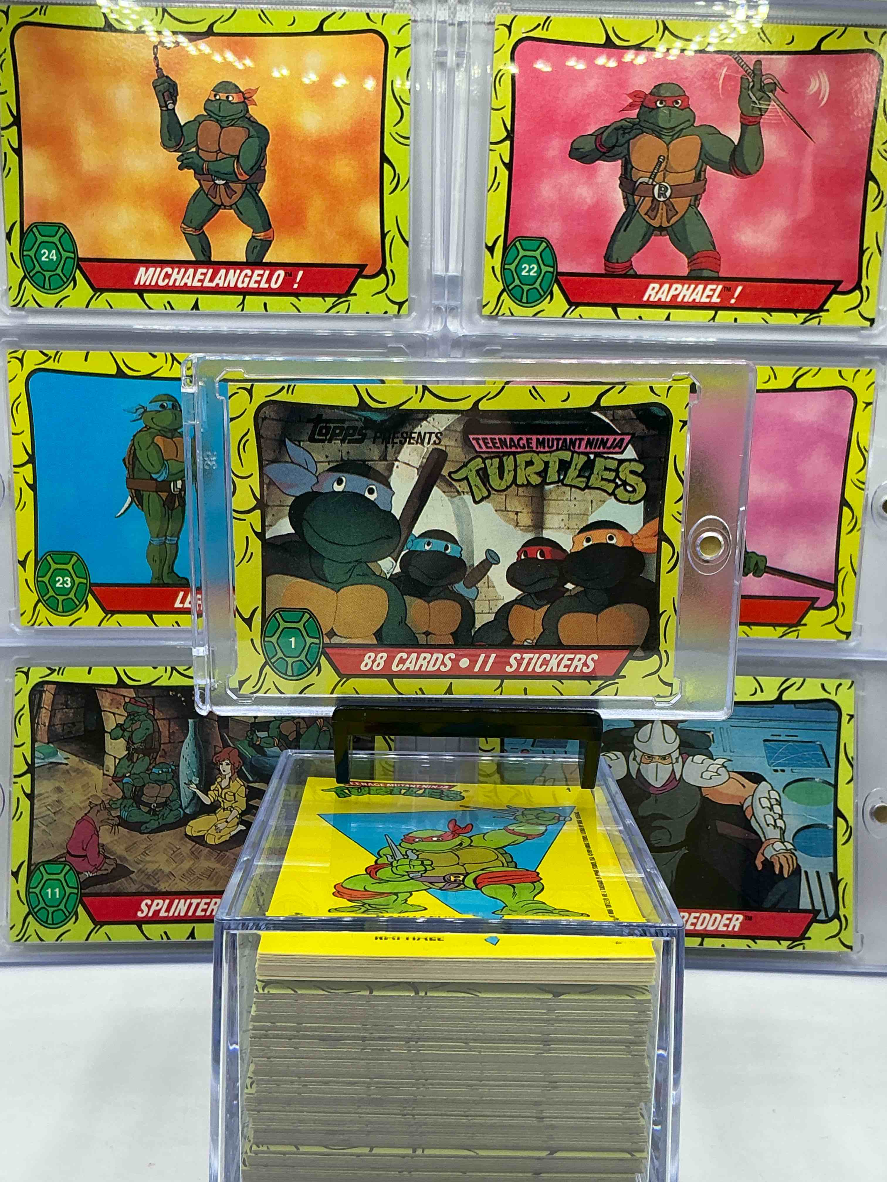 Condition photo showing New/Like New for 1989 ninja turtle wow! totally complete original, authentic teenage mutant ninja turtles complete trading card & sticker set! all 88 cards & 11 stickers included, for a total qty of 99! excellent condition! your chance to own a genuine tmnt original serious collectible!