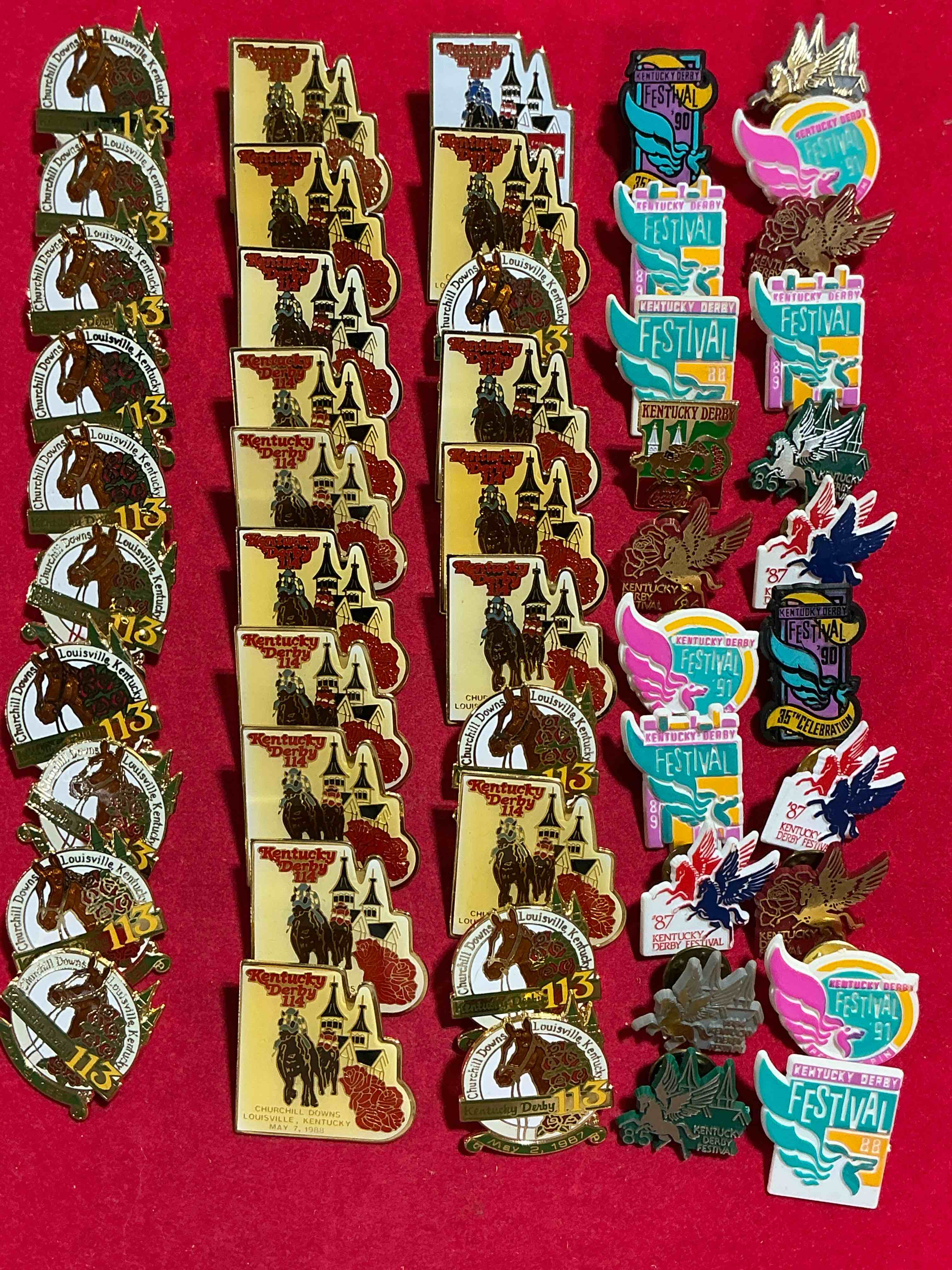 ky derby fans wow! beautiful ky derby pins spanning forty plus years of different derby runnings! all have back pins & are in like new condition! some are metal & some plastic. nearly impossible to collect!
