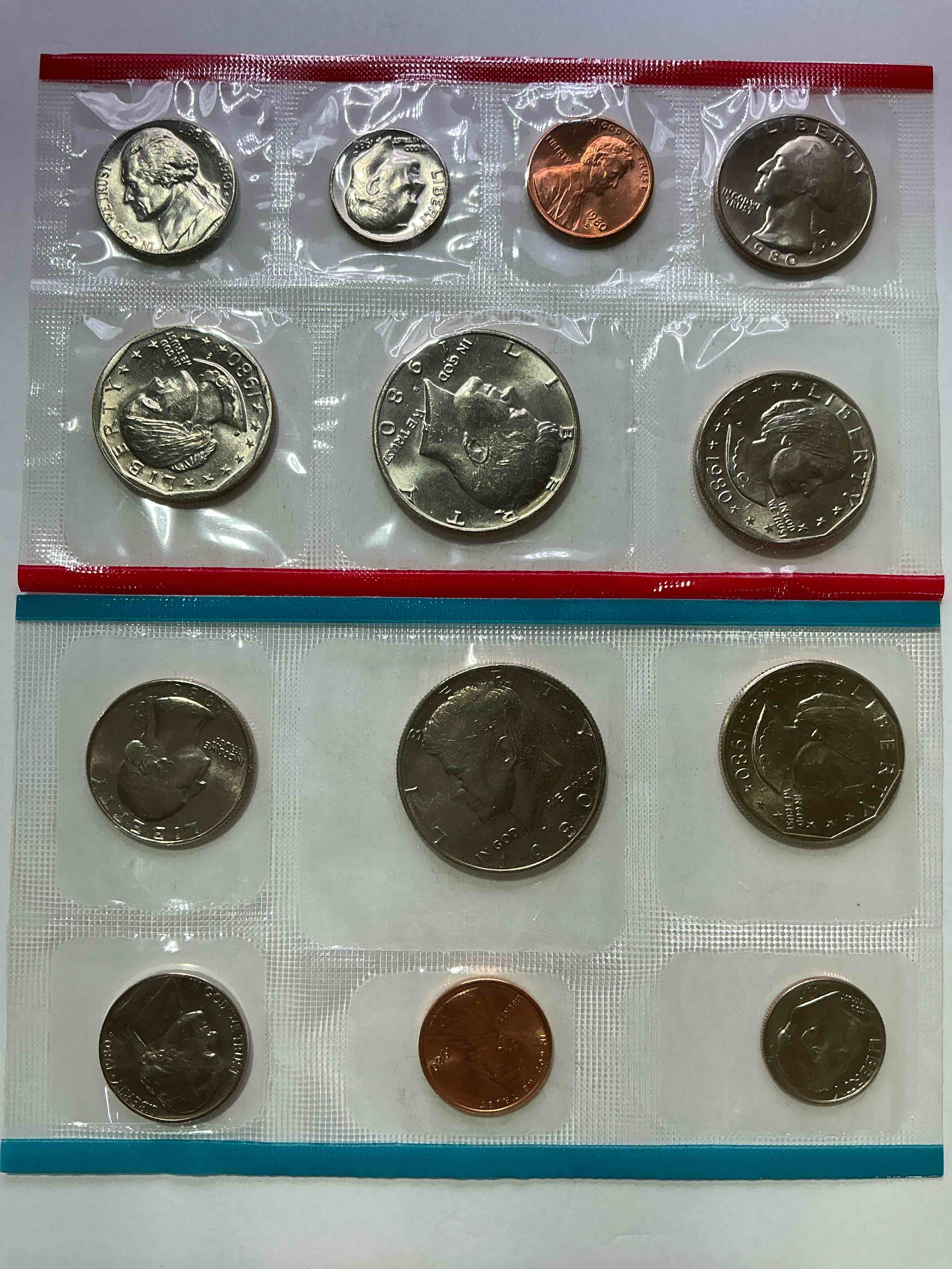 1980 uncirculated philadelphia & denver 13 coin mint combo! these beautiful, uncirculated coins are rare pieces of history! 1980 dimes, pennies half dollars, dollars, nickels & quarters!