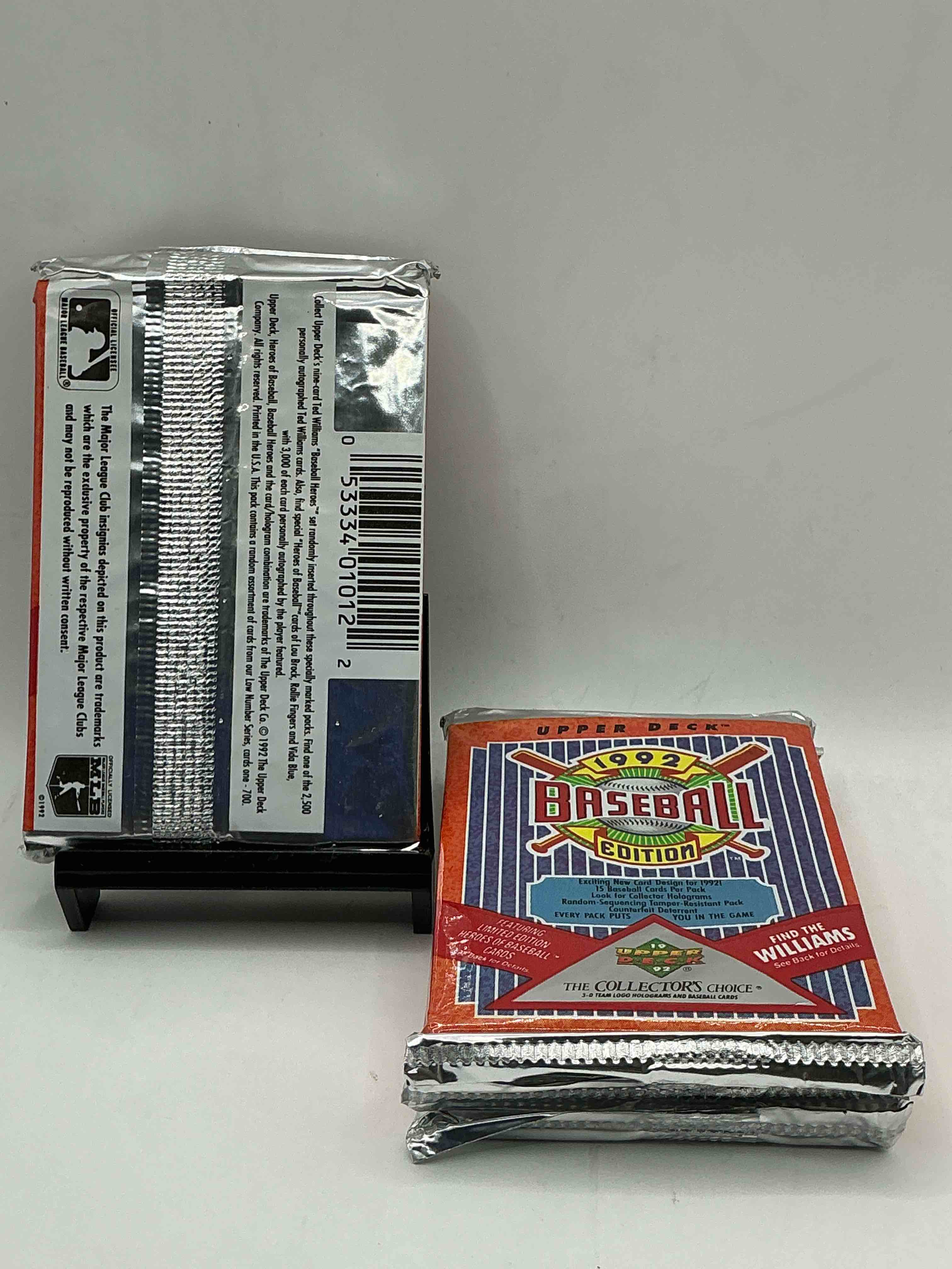 Condition photo showing New/Like New for 1992 upper deck high series baseball sealed sports & collectible card pack, direct from original sealed retail case! search for ultra rare & valuable ted williams & johnny bench signed insert cards as well as deion sanders, ken griffey jr., nolan ryan & so much more!