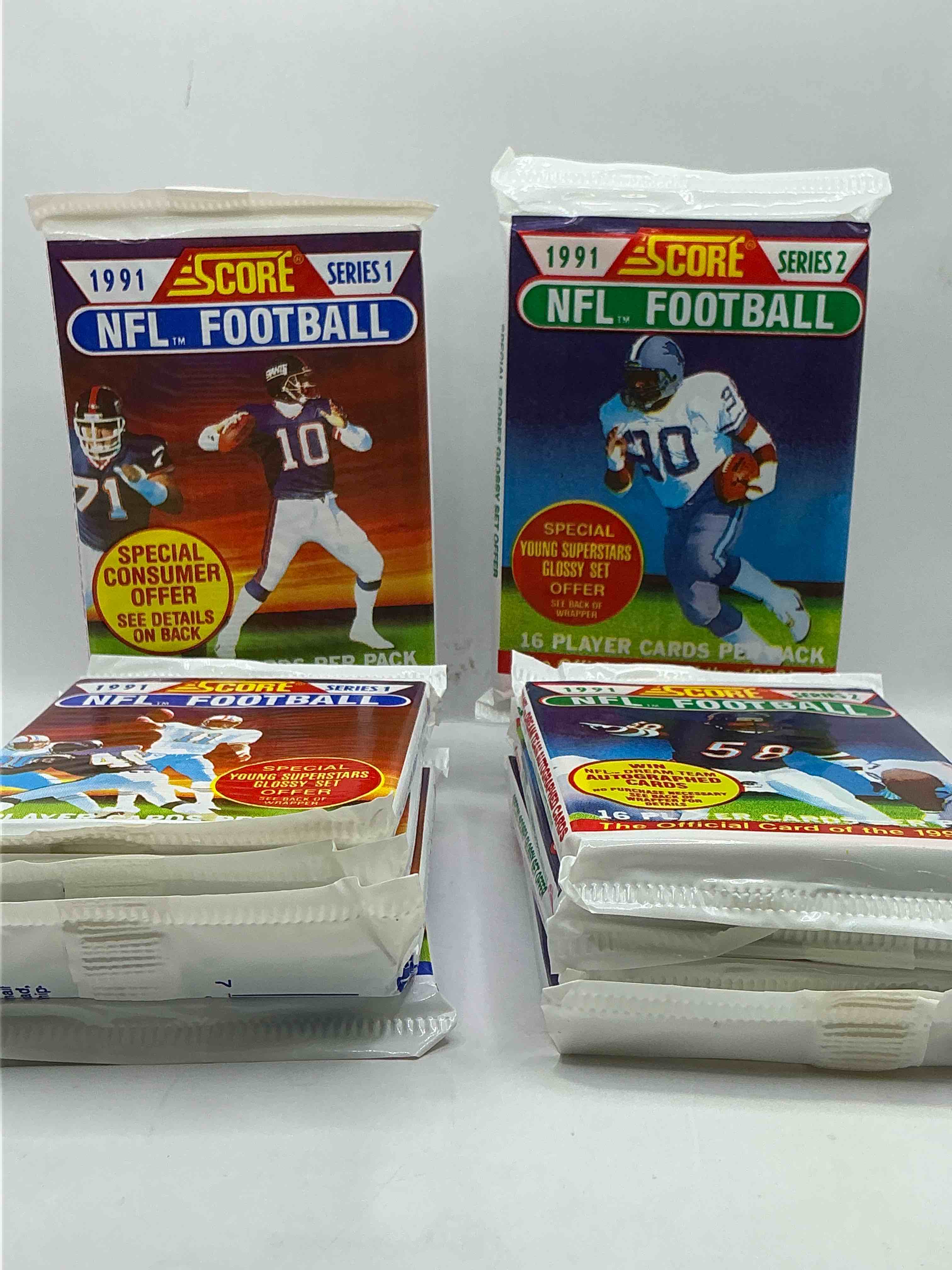 1991 nfl score football sealed card packs series i & ii direct from original retail case! these cards are sought after by collectors for their awesome, nostalgic look. search for brett favre rookie, early jerry rice, early emmit smith, joe montana & so much more!