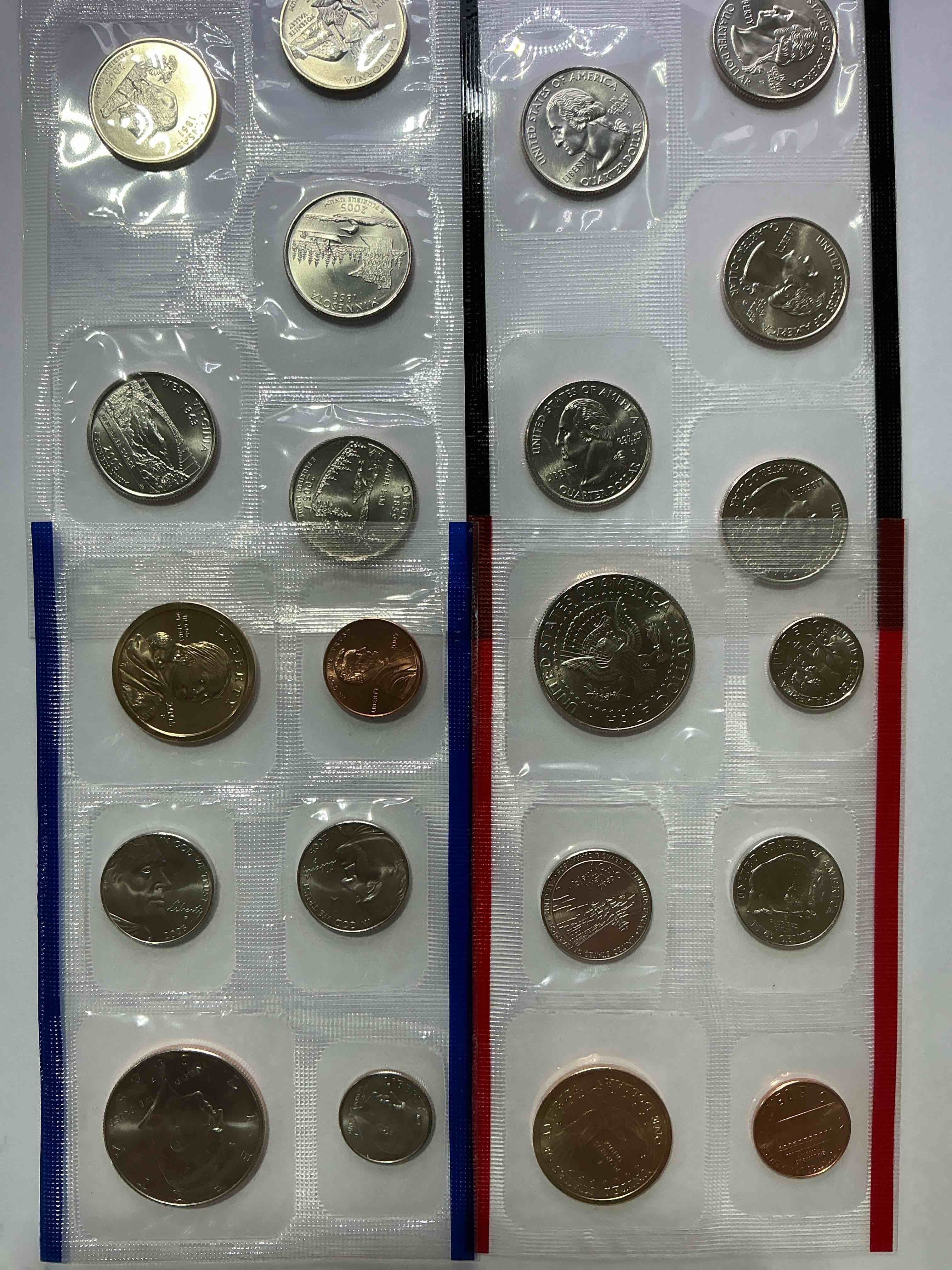 2005 uncirculated mint coins! 22 coin mint coins with state quarters! half dollars, quarters, nickels, dimes & pennies! 22 coin uncirculated mint coins! 