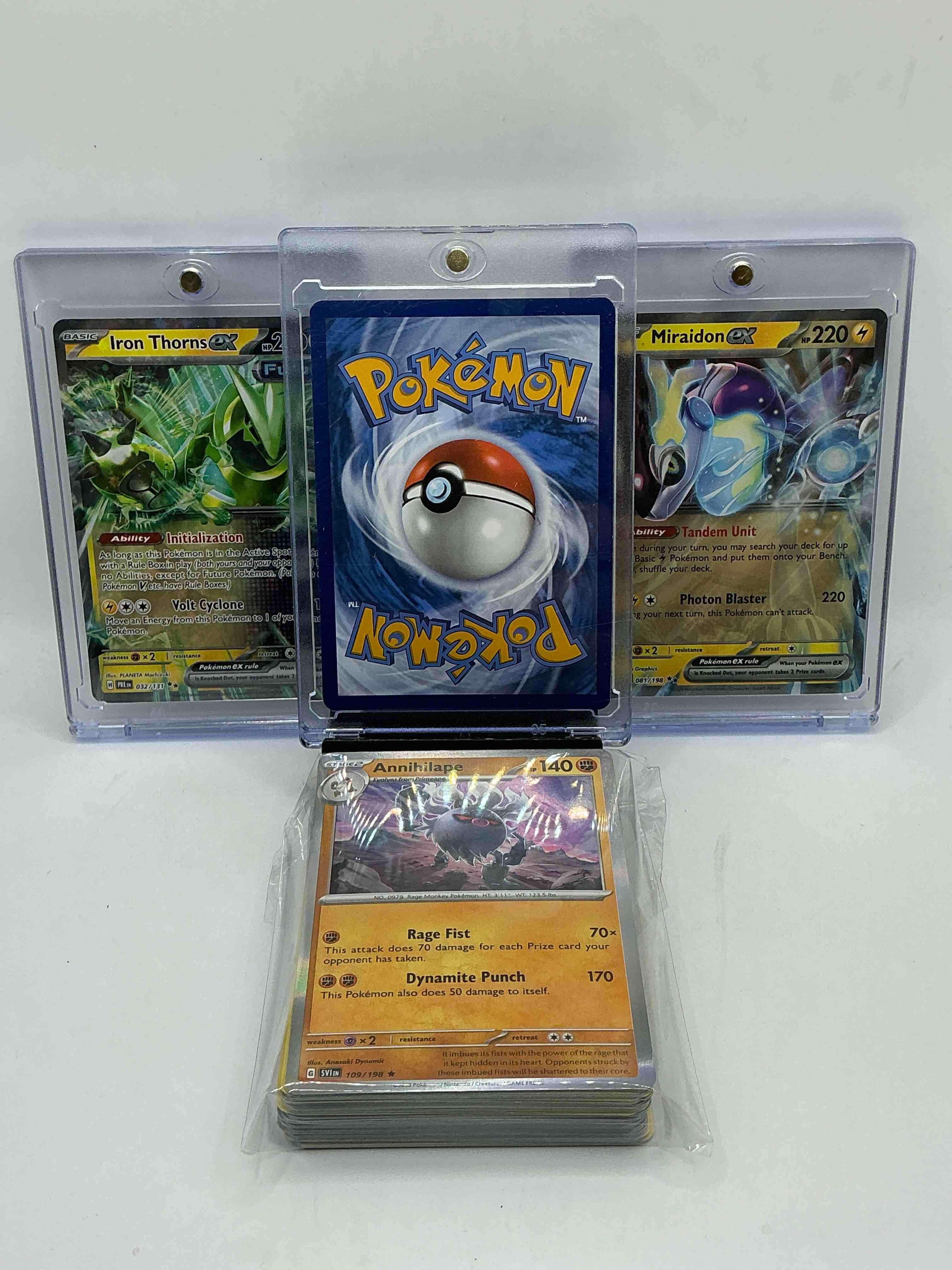 Condition photo showing New/Like New for pokémon palooza! iron thorns ex! miraidon ex! pikachu ex! along with 50 other pokémon heroes, holos, legends & commons- including 1 stage two rare holographic, 2 stage one rare holographic, 3 basic rare holographic, 4 common/ uncommon holographics (all stages), 2 stage two non holographic & 2 rares! also includes 36 non holo common/ uncommon basic & first stage cards trainers & energy too! perfect set for collectors & enthusiasts!