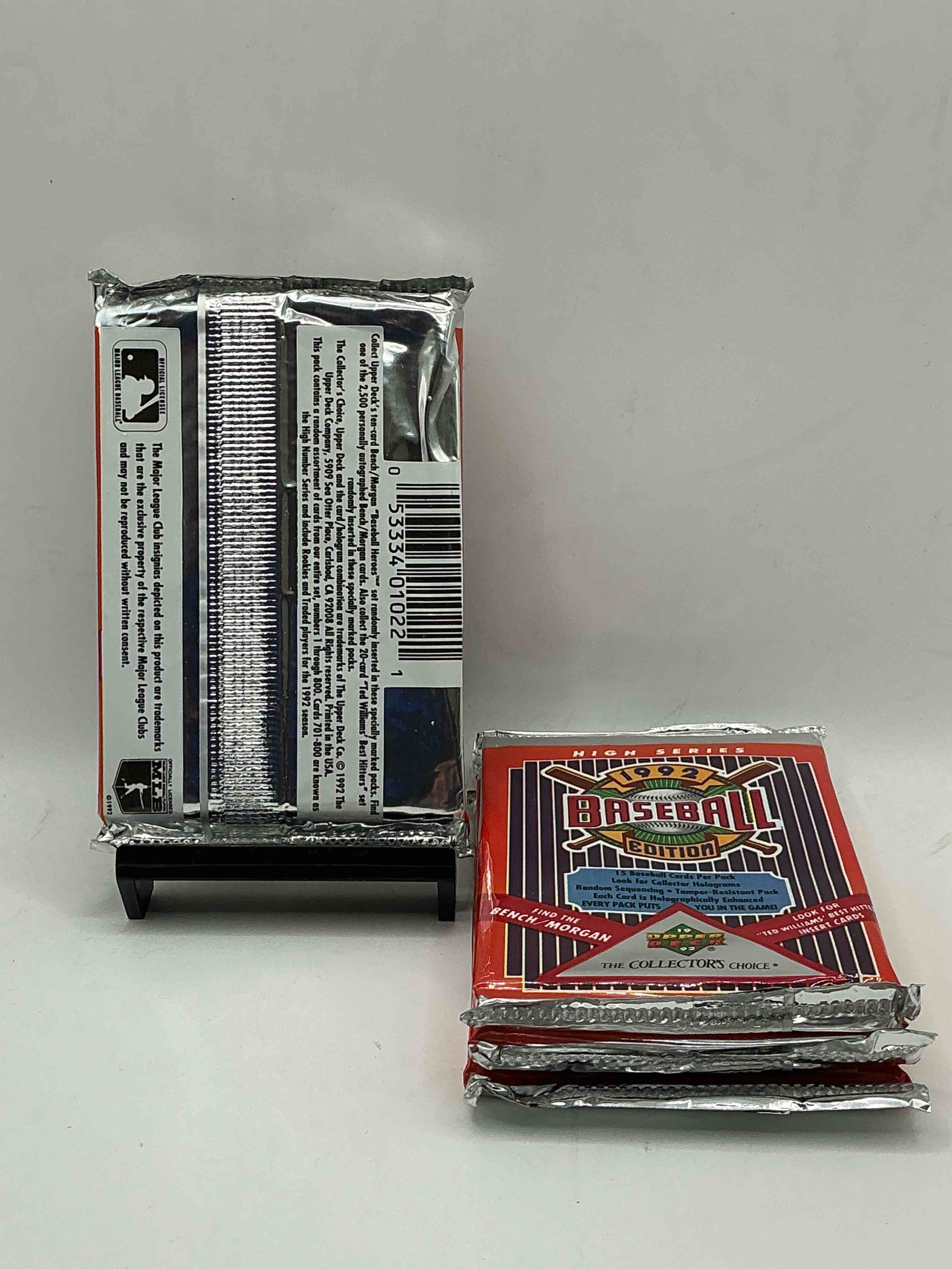 Condition photo showing New/Like New for 1992 upper deck high series baseball sealed sports & collectible card pack, direct from original sealed retail case! search for ultra rare & valuable ted williams & johnny bench signed insert cards as well as deion sanders, ken griffey jr., nolan ryan & so much more!