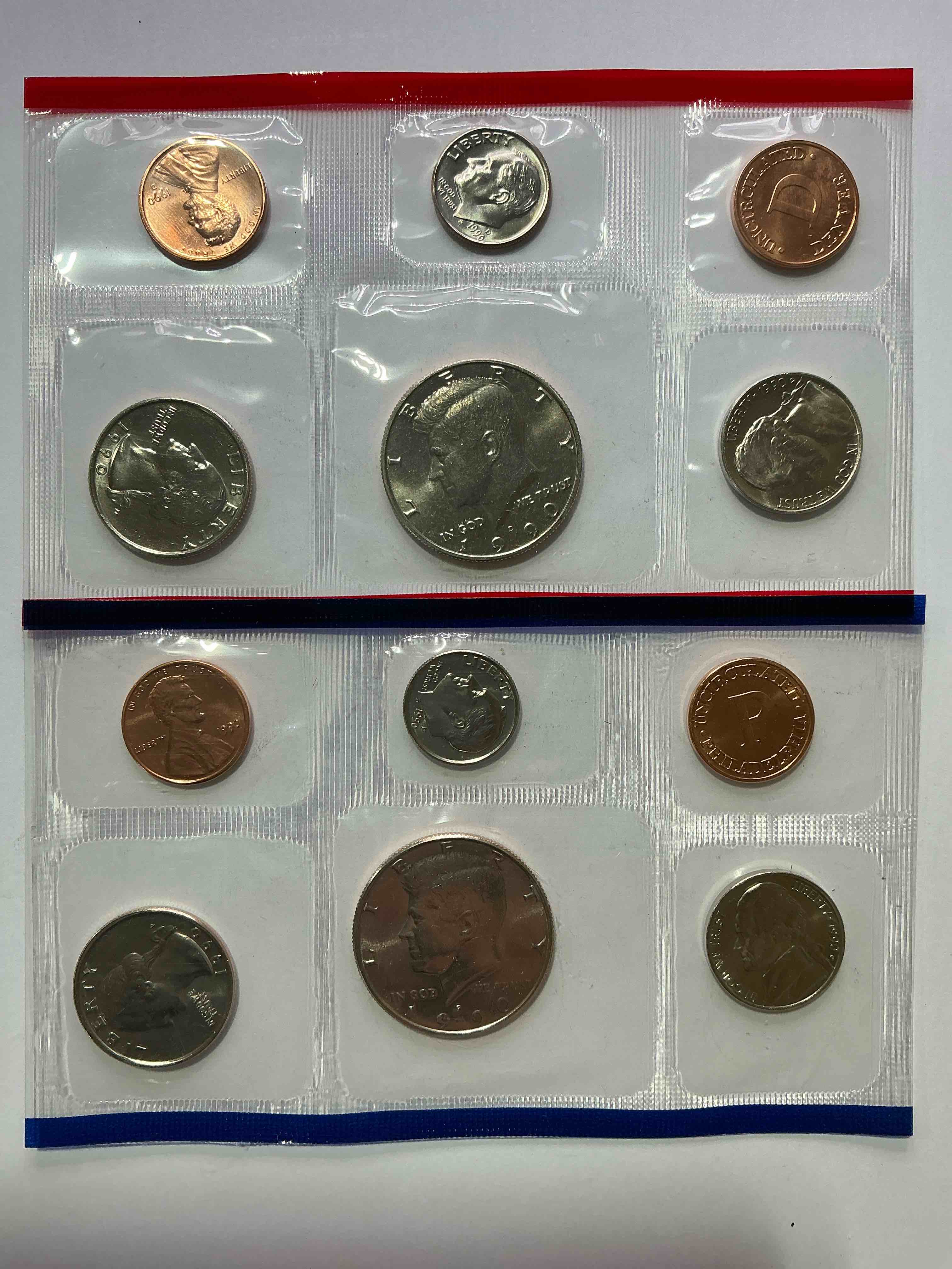 1990 uncirculated u.s. mint coins! what a great year! these gorgeous coins from the mint set features each u.s. coins minted in 1990 in uncirculated condition, from each mint mark, philly & denver! from the u.s. treasury in 1990! own an awesome investment & incredible piece of u.s. history! also makes for an awesome gift!