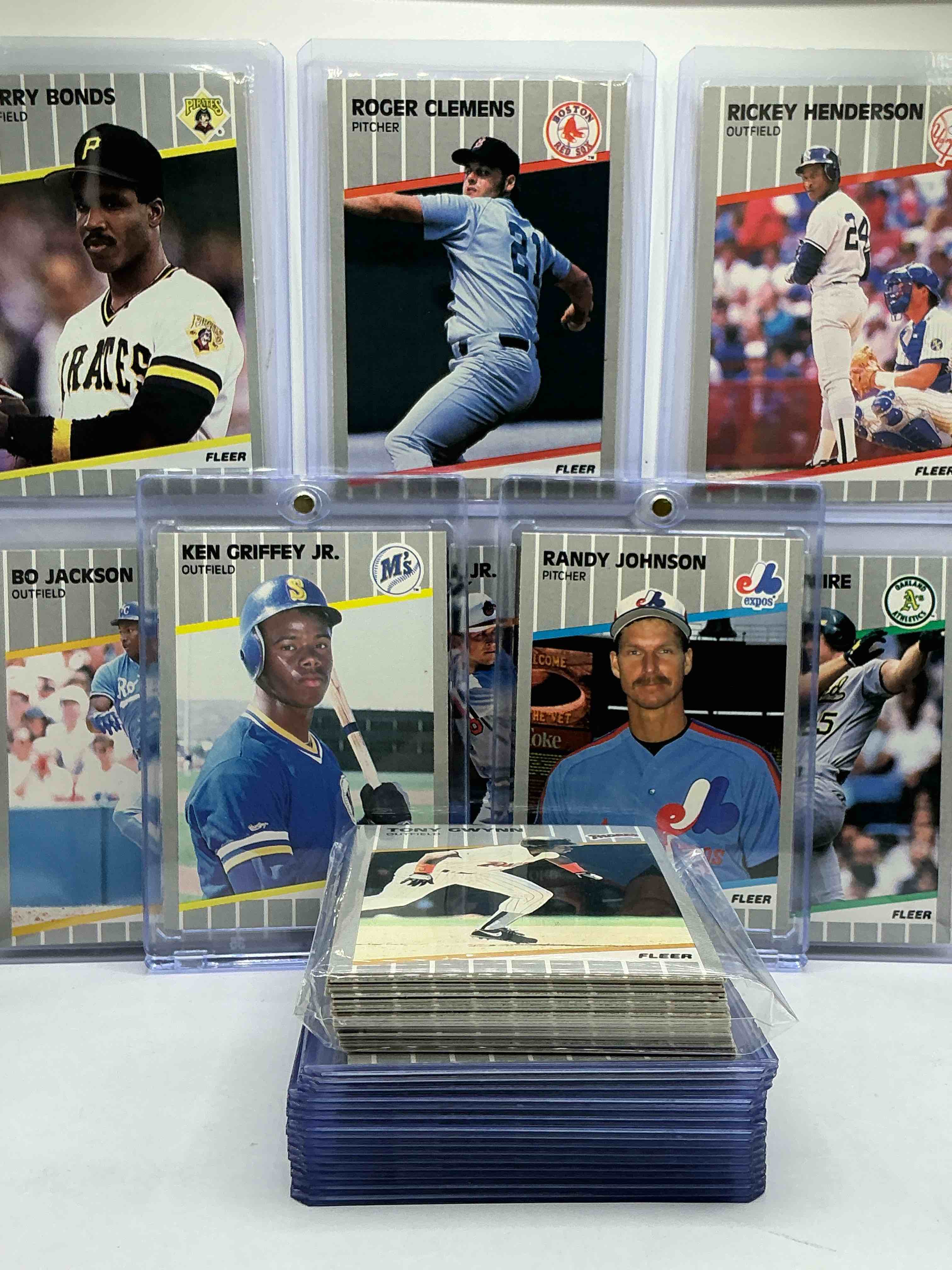 Condition photo showing New/Like New for randy johnson & ken griffey jr rookies! 1989 fleer baseball 50 card craziness! bo jackson, randy johnson, barry bonds, john smoltz, kirby puckett, tom glavine, rickey henderson, don mattingly, cal ripken, wade boggs, doc gooden, greg maddux, fernando valenzuela, nolan ryan, roger clemens, george brett, tony gwynn & more! the best players from the time! super rare set with all of these stars! 50 card craziness! legends, heroes & commons!
