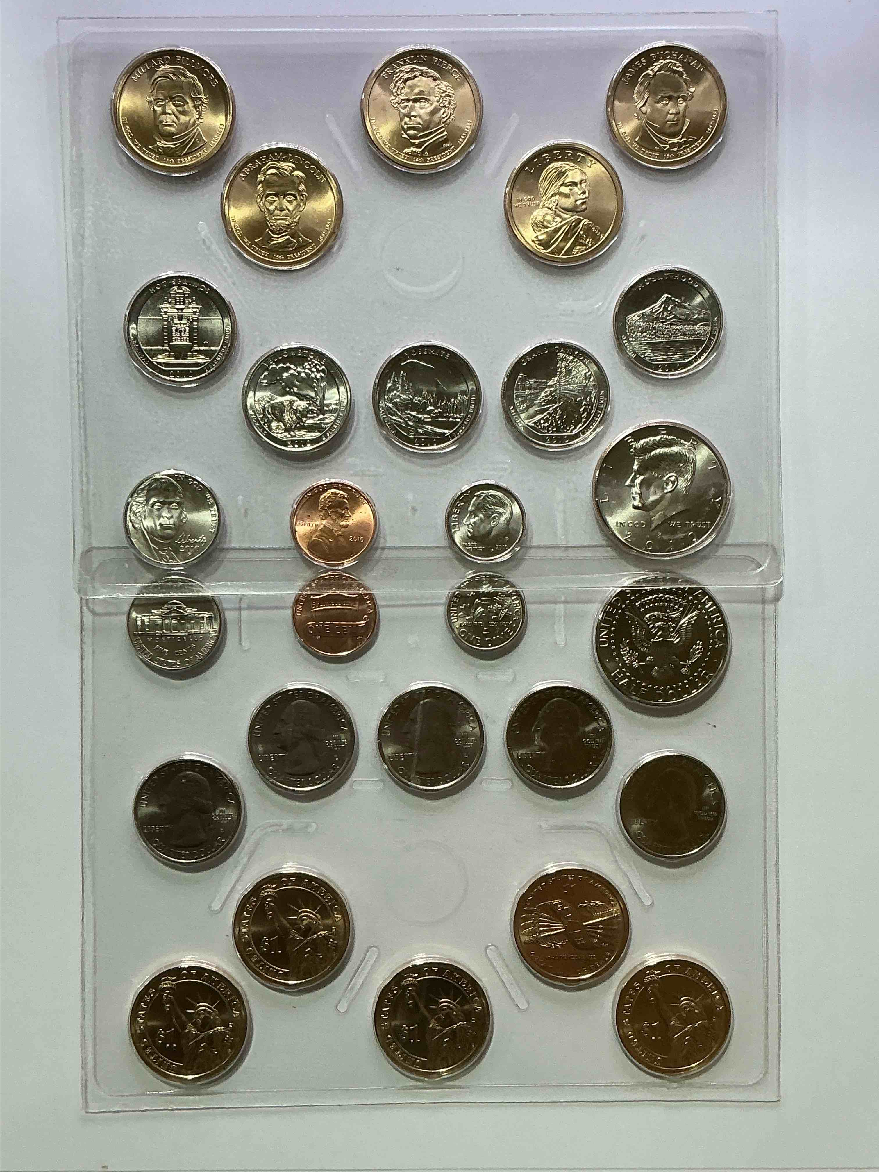 28 coin craziness! denver & philly mints! 2010 uncirculated mint set coins! includes half dollars, president dollar coins, dimes, nickels, pennies & quarters! cool coin collectible! 