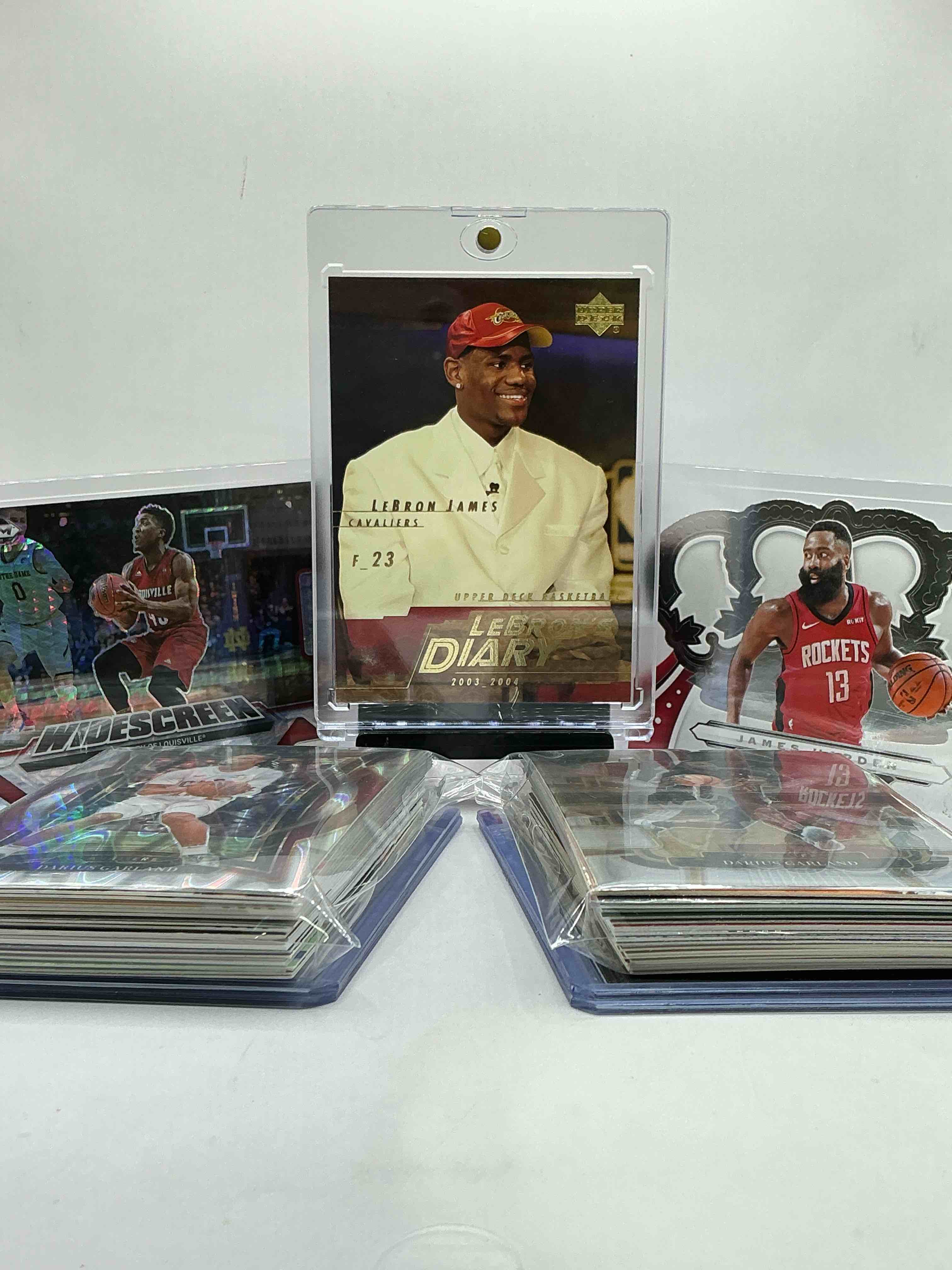 lebron james first year card! donovan mitchell prizm refractor & james harden diecut! wow! cleveland cavaliers craziness! this 50 card lot includes commons, legends, heroes & more! vintage & new!
