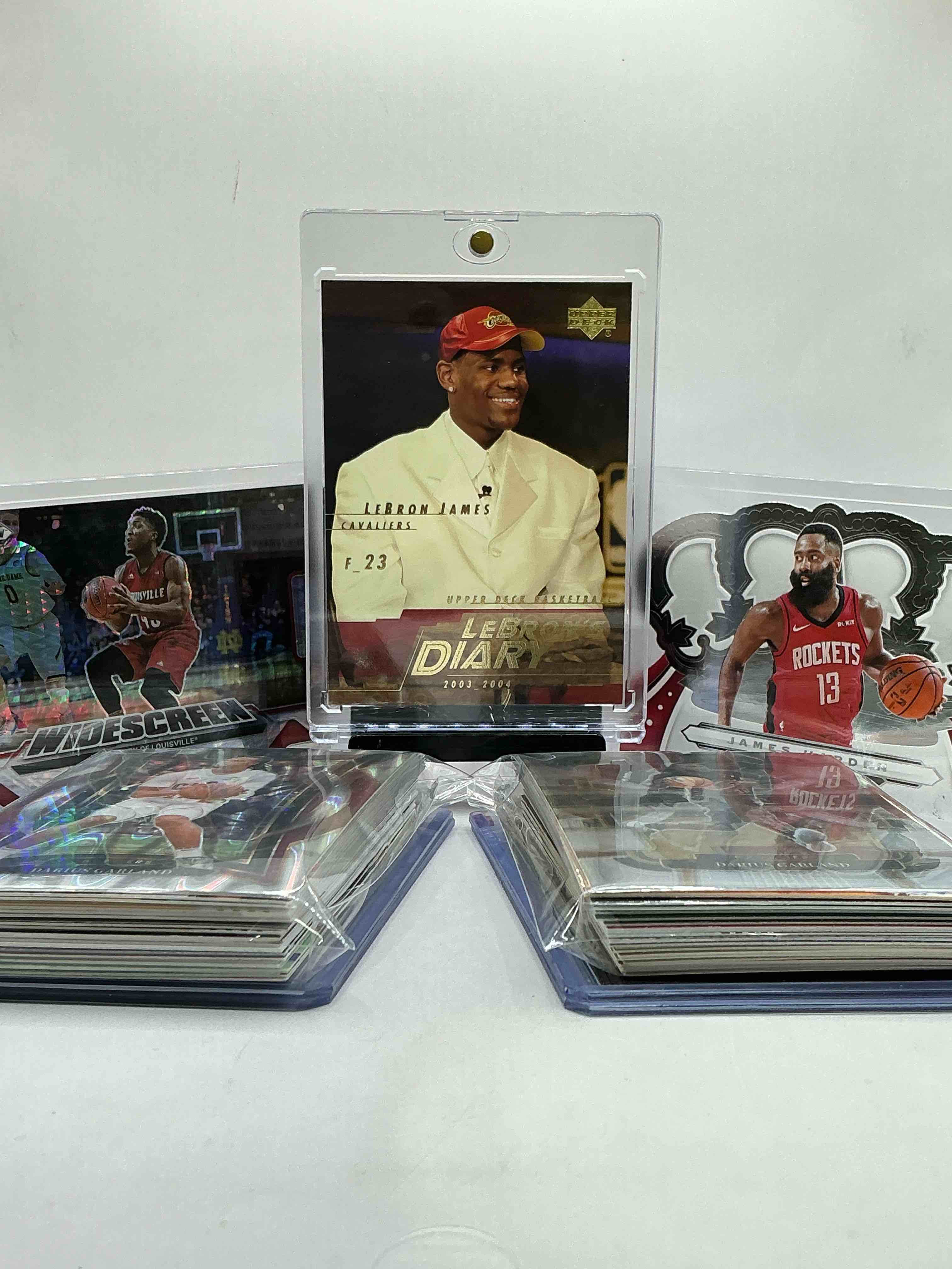 Condition photo showing New/Like New for lebron james first year card! donovan mitchell prizm refractor & james harden diecut! wow! cleveland cavaliers craziness! this 50 card lot includes commons, legends, heroes & more! vintage & new!