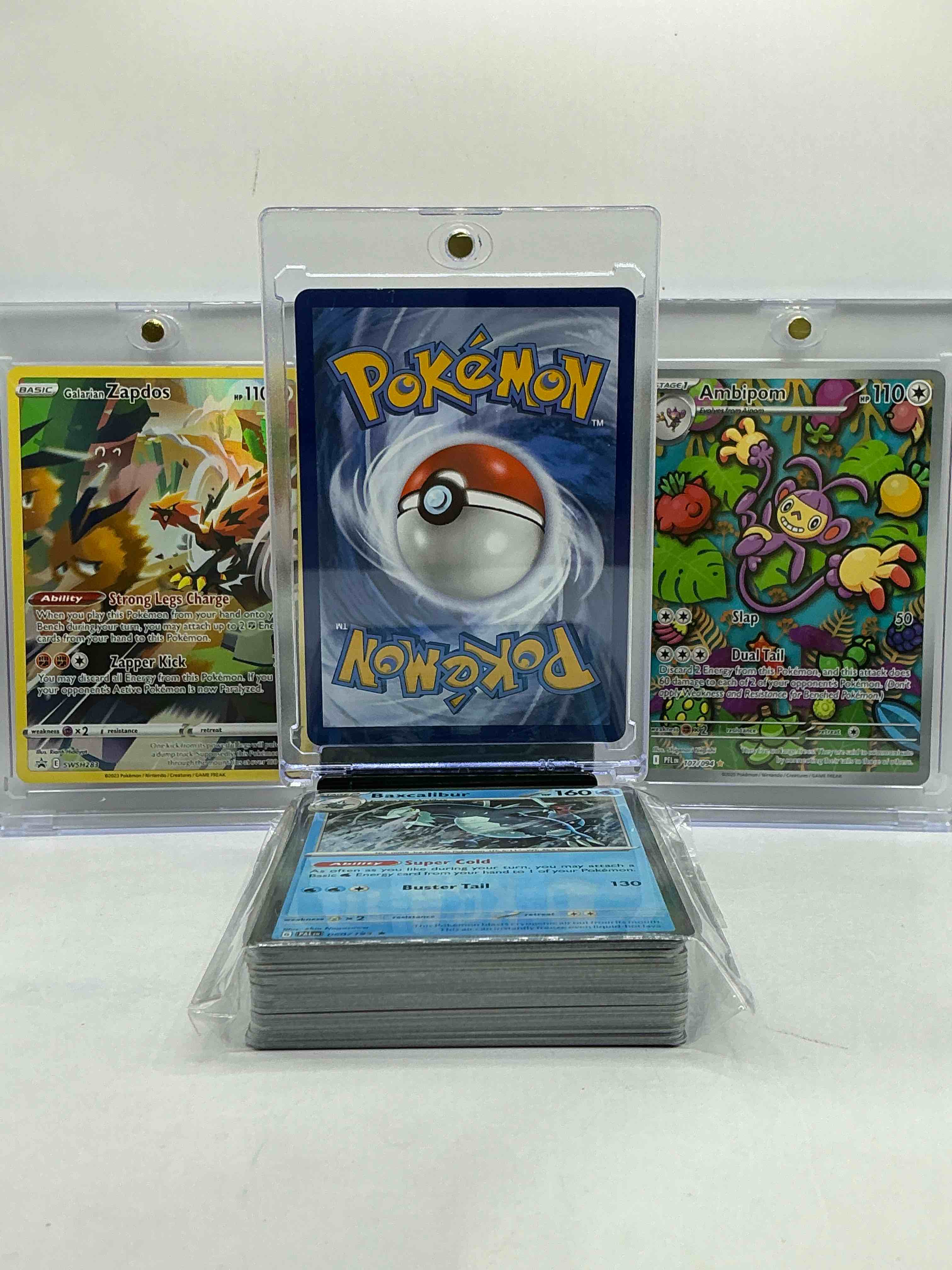 Condition photo showing New/Like New for full art bonanza! pikachu vmax, zapdos full art & ambipom wow! along with 50 other pokémon heroes, holos, legends & commons- including 1 stage two rare holographic, 2 stage one rare holographic, 3 basic rare holographic, 4 common/ uncommon holographics (all stages), 2 stage two non holographic & 2 rares! also includes 36 non holo common/ uncommon basic & first stage cards trainers & energy too! perfect set for collectors & enthusiasts!