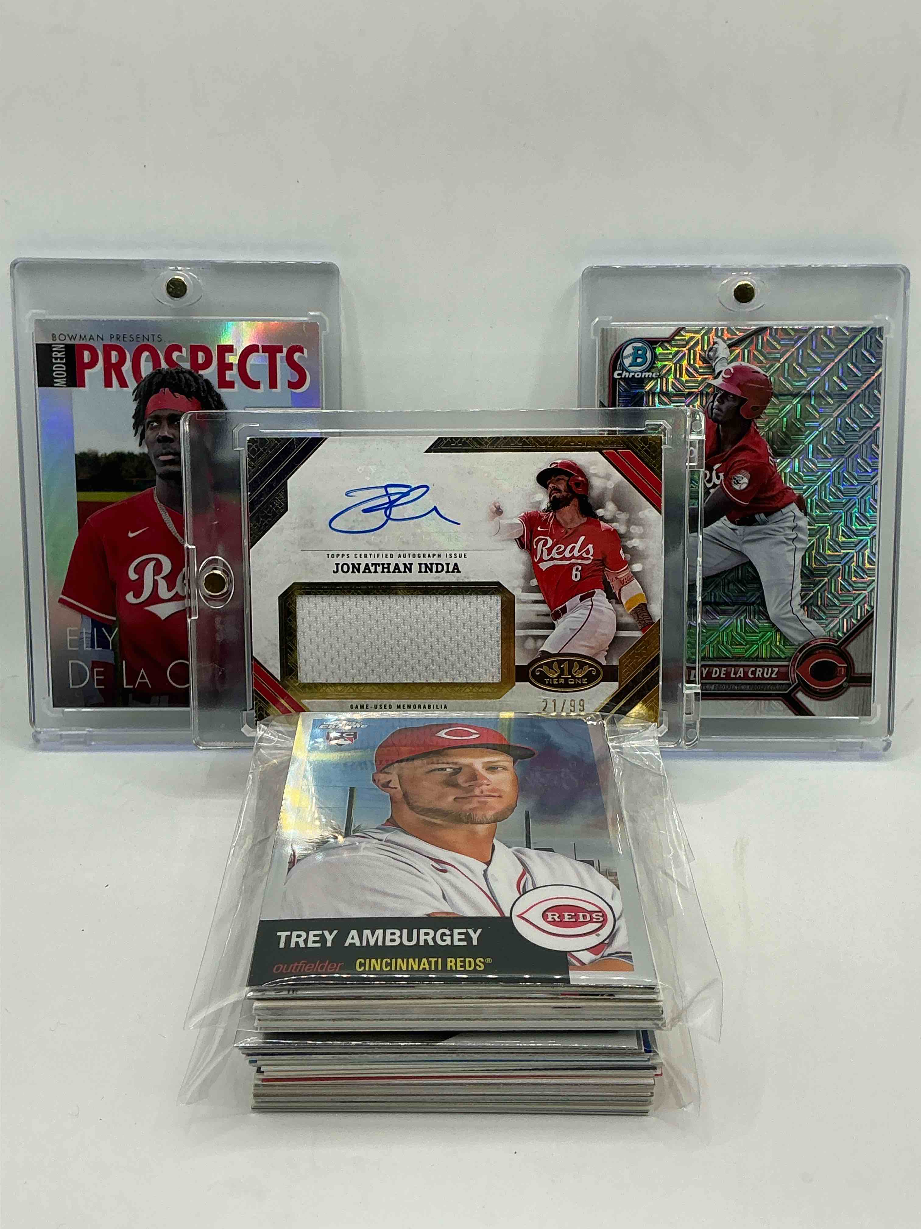Reds Rambunctiousness! 2025 Topps Jumbo Relic Game-Worn Patch Autograph Jonathan India Numbered 21/99! 2023 Topps Bowman Modern Prospects Silver “The Elly Show” Elly De La Cruz Prospect Card! 2022 Bowman Chrome Silver Elly De La Cruz Prospect Card! Along With 50 Other Reds Heroes, Legends, Rookies & Commons!