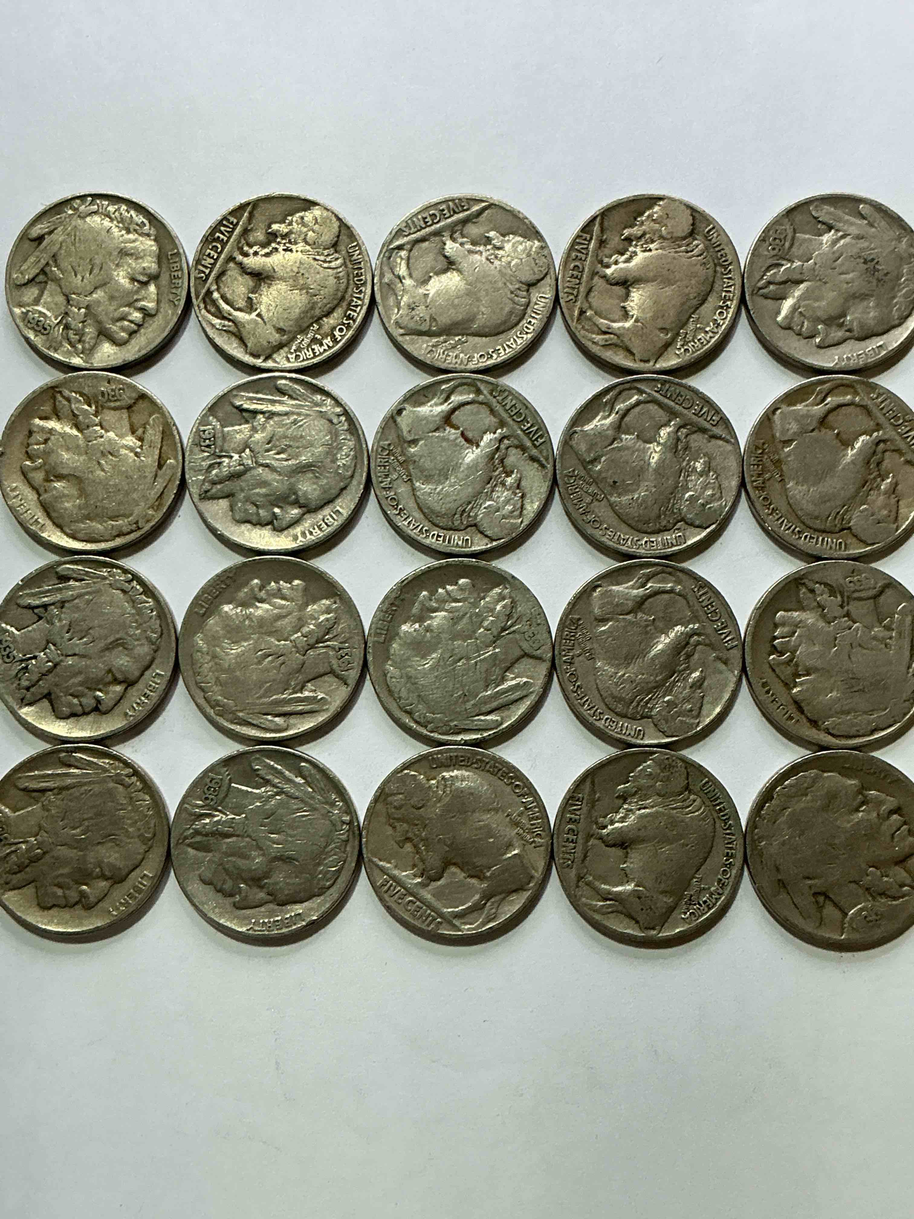 Condition photo showing Good Condition for historic buffalo nickels! indian head buffalo nickels were minted from 1913 to 1938 & have become a favorite for coin collectors around the world! own pieces of american history with these cool indian head buffalo nickels in circulated condition, most with visible dates which is very rare for buffalo nickels!