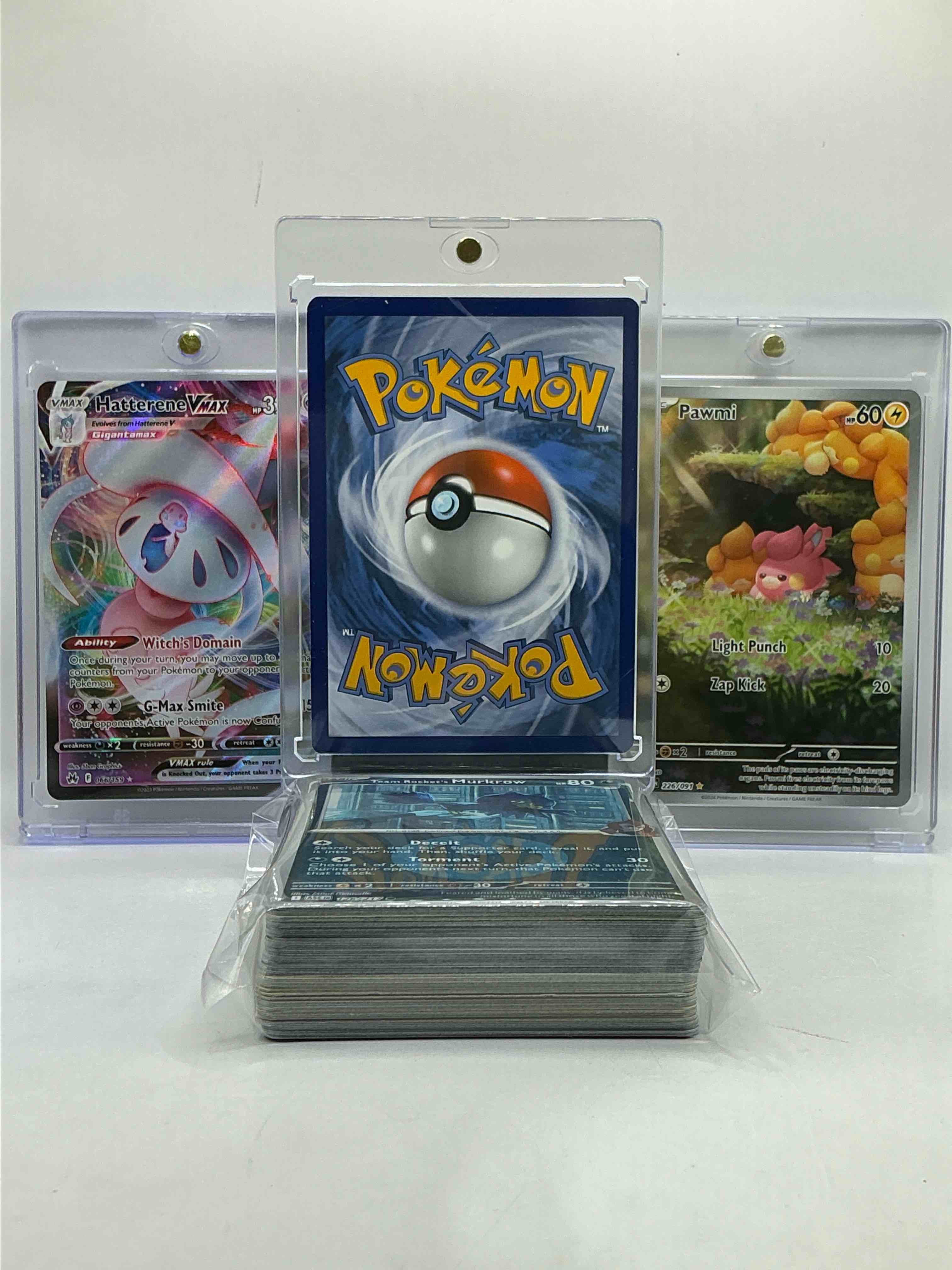 Condition photo showing New/Like New for charizard gx, full art pawmi & hatterene & more! along with 50 other pokémon heroes, holos, legends & commons- including holographic cards, stage 2 cards, holos in all forms & more! also includes 36 non holo common/ uncommon basic & first stage cards trainers & energy too! perfect set for collectors & enthusiasts!